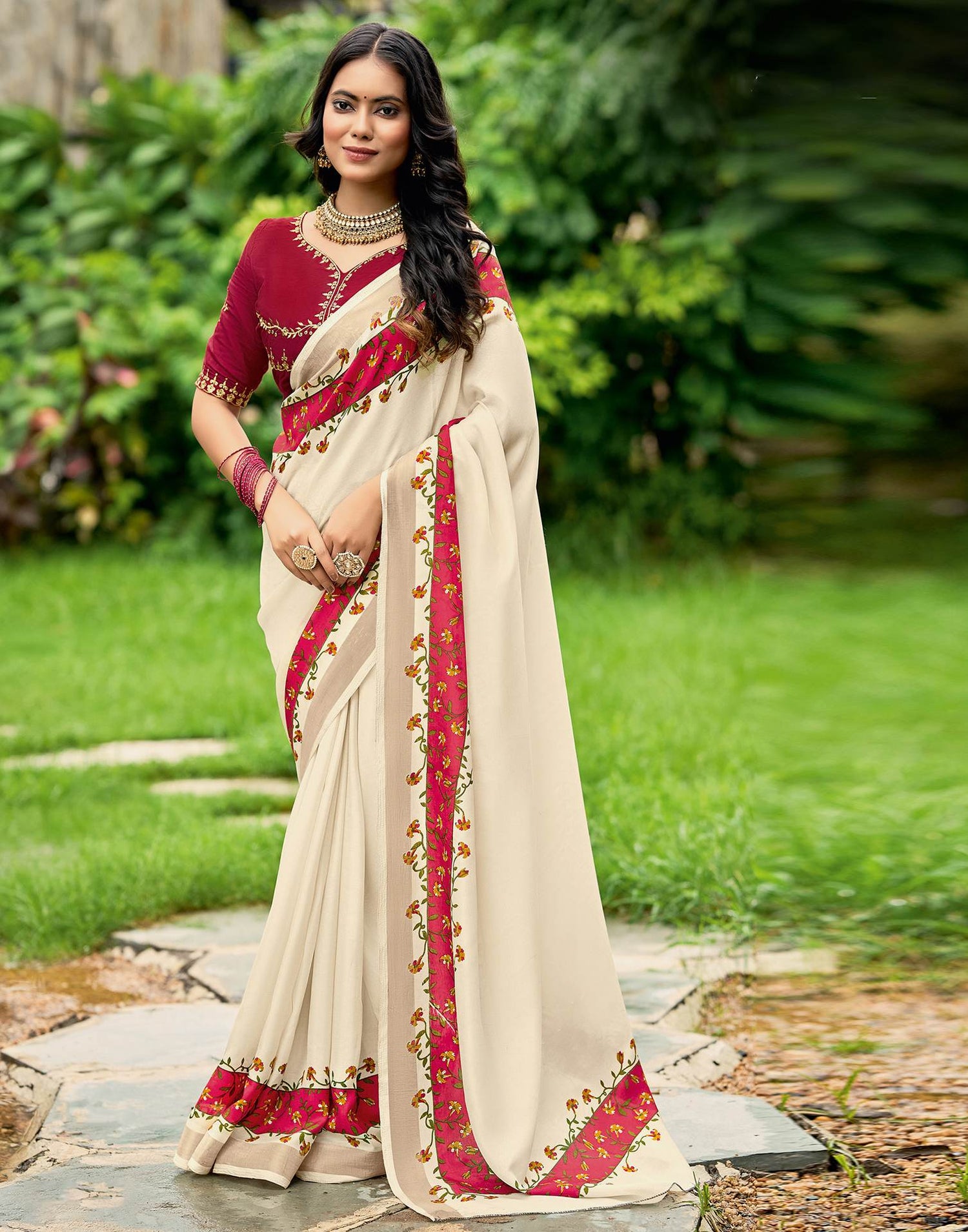 Cream Tussar Silk Printed Saree