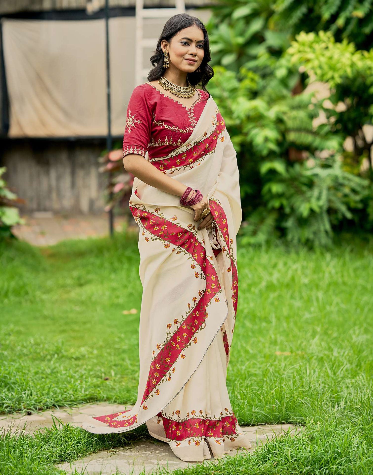 Cream Tussar Silk Printed Saree