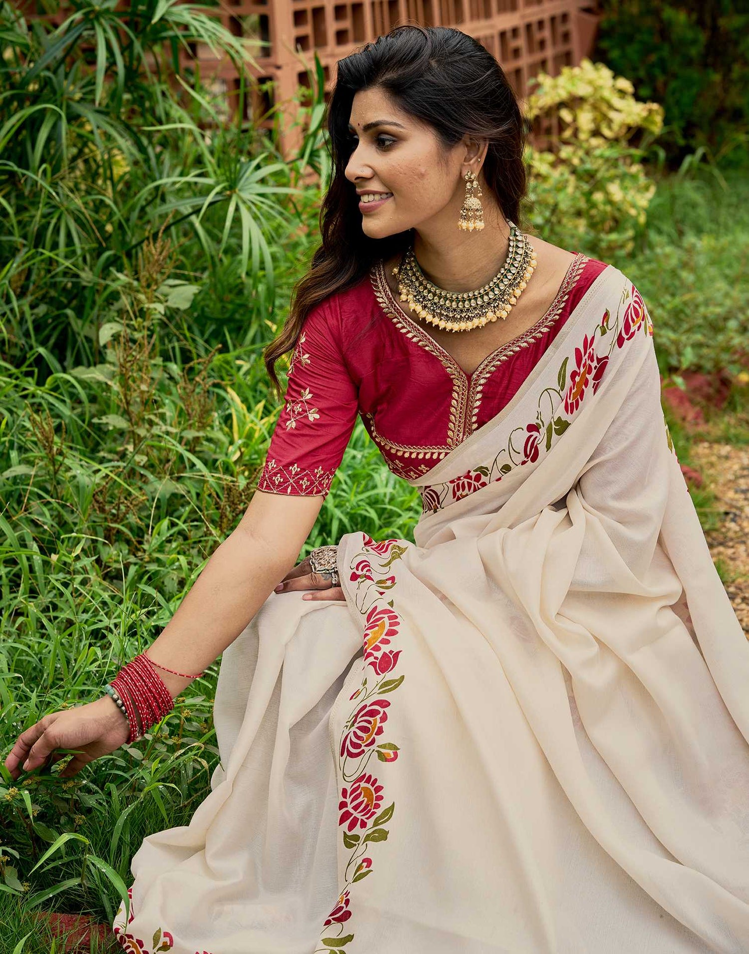 Cream Tussar Silk Printed Saree