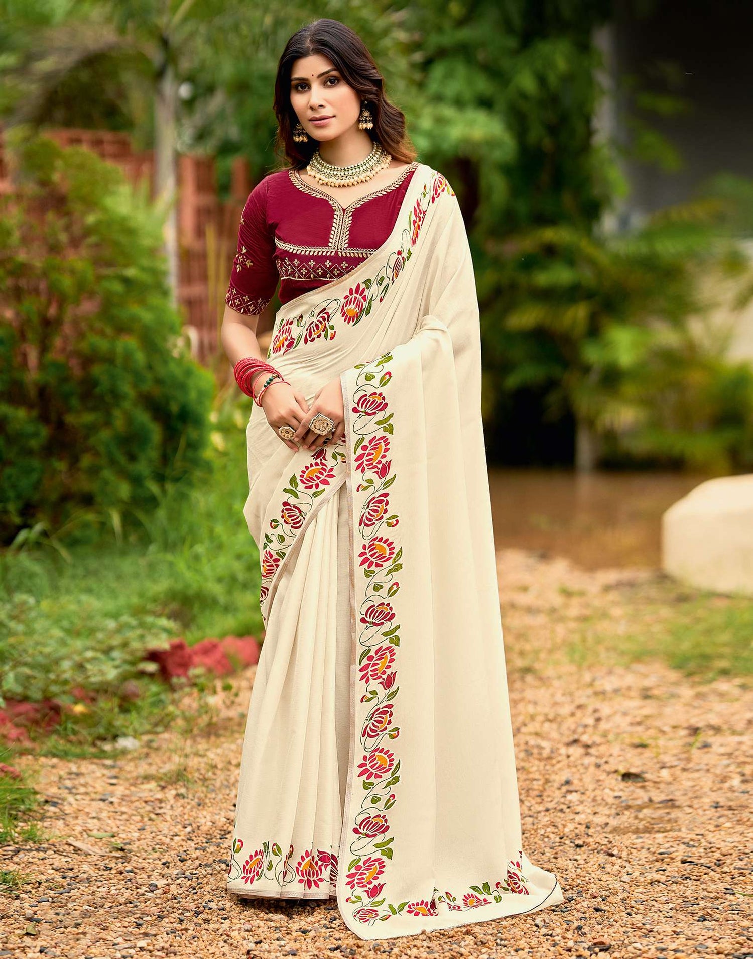 Cream Tussar Silk Printed Saree