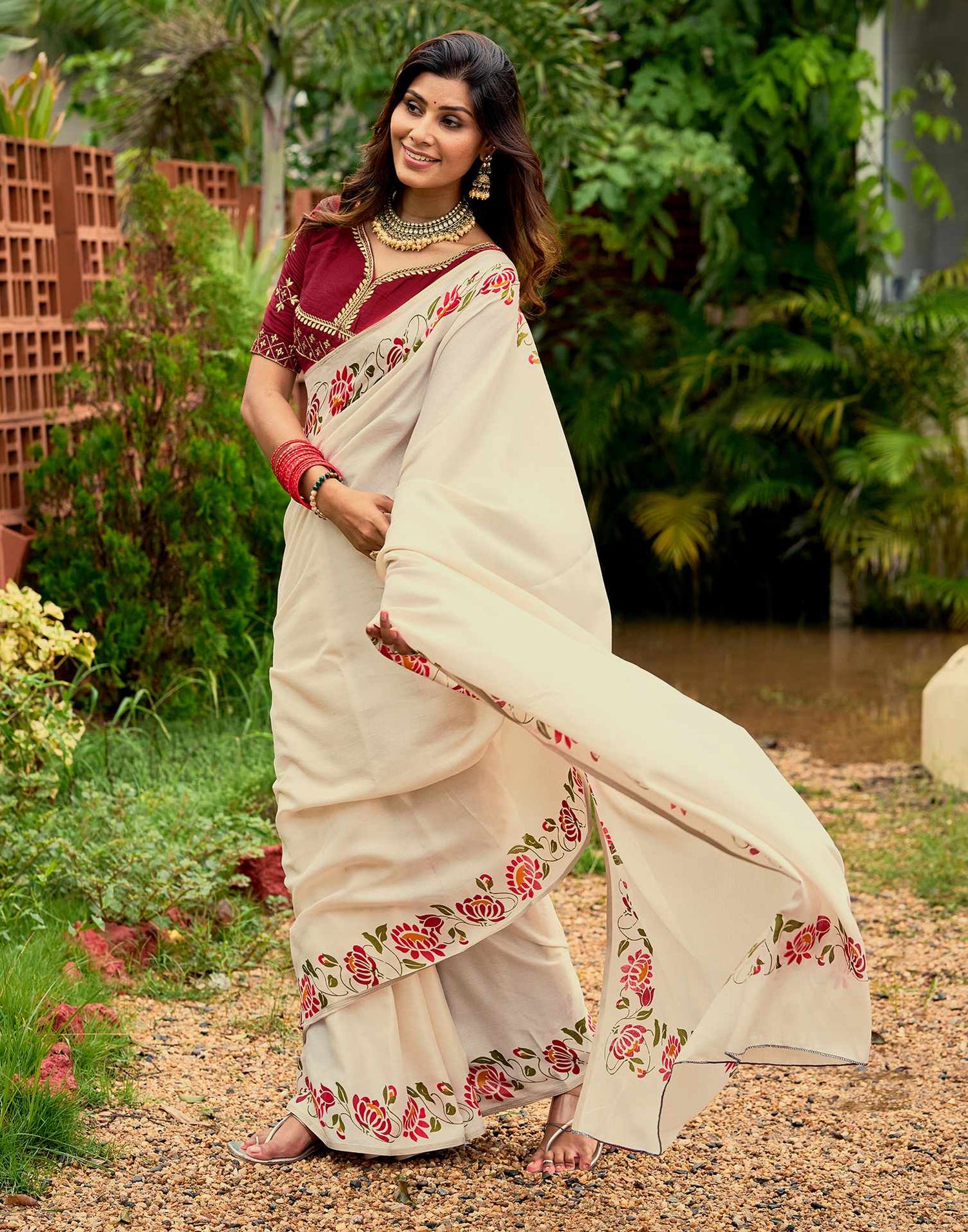 Cream Tussar Silk Printed Saree