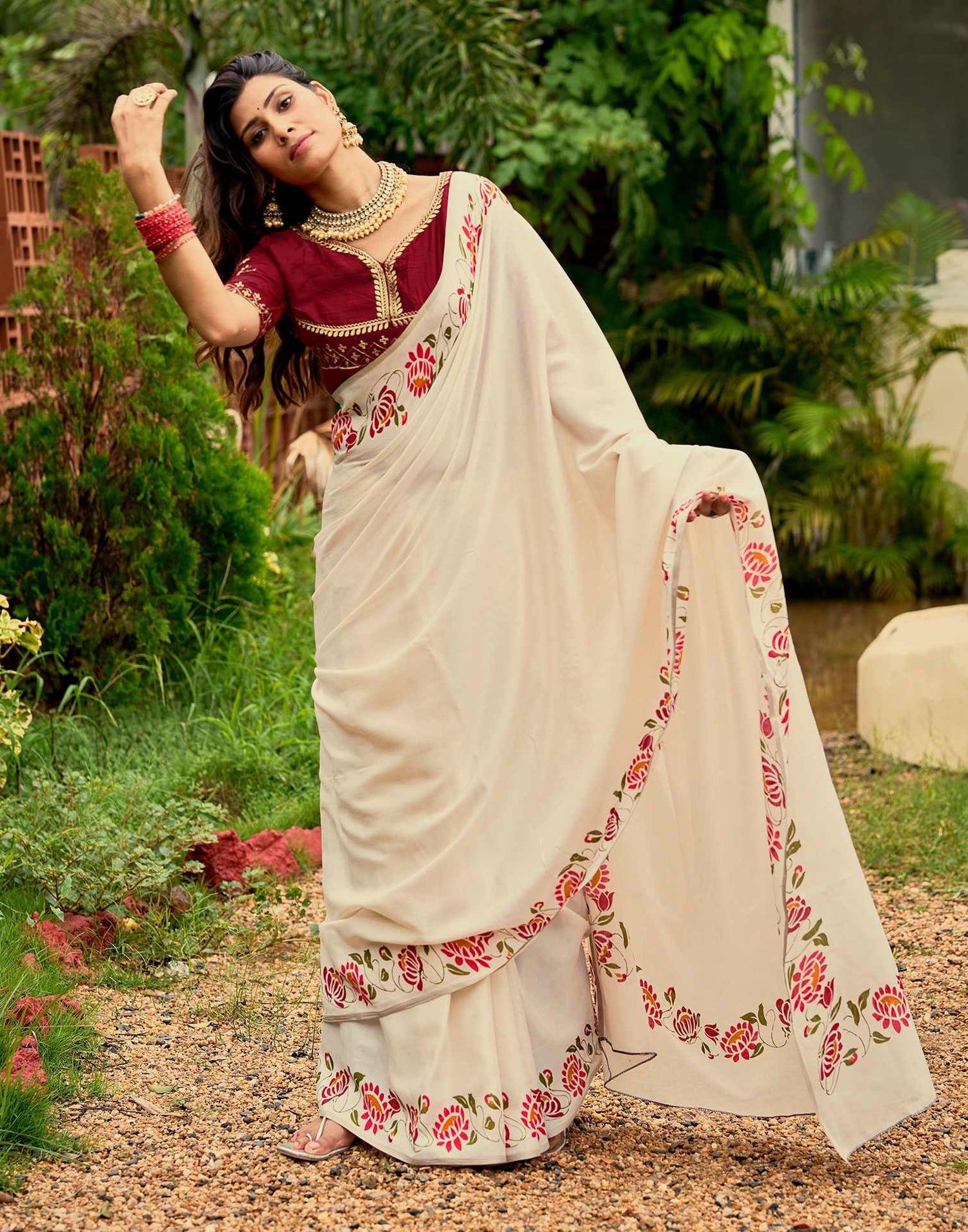Cream Tussar Silk Printed Saree