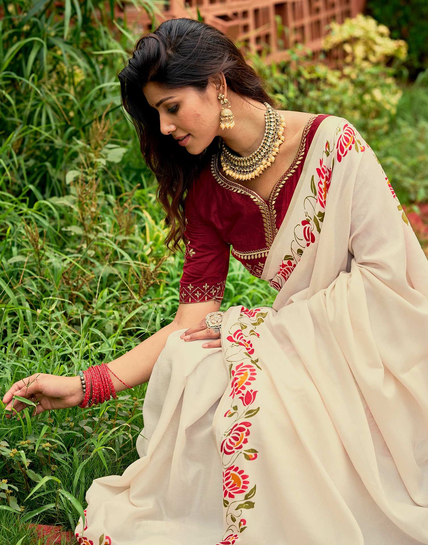 Cream Tussar Silk Printed Saree