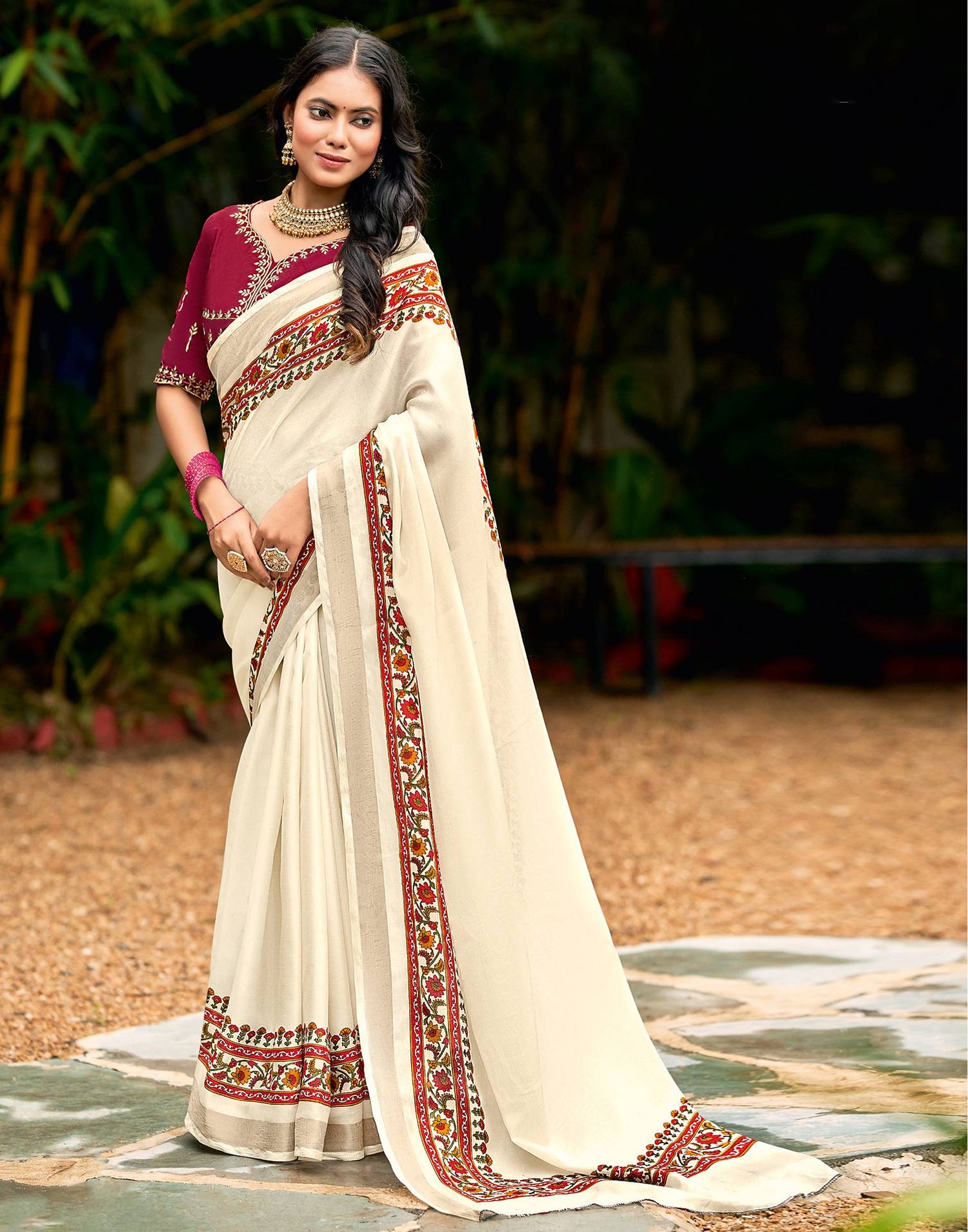 Cream Tussar Silk Printed Saree