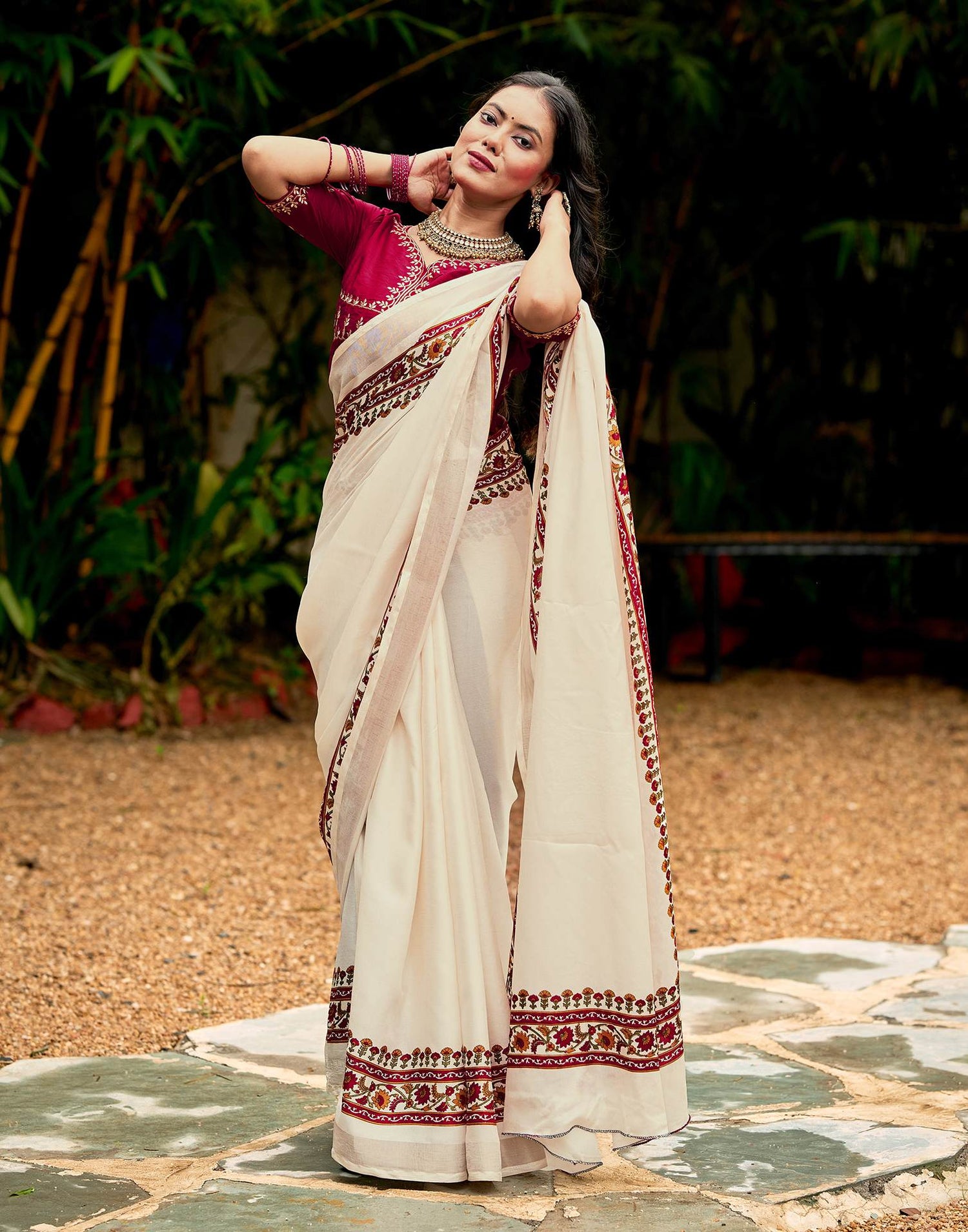 Cream Tussar Silk Printed Saree