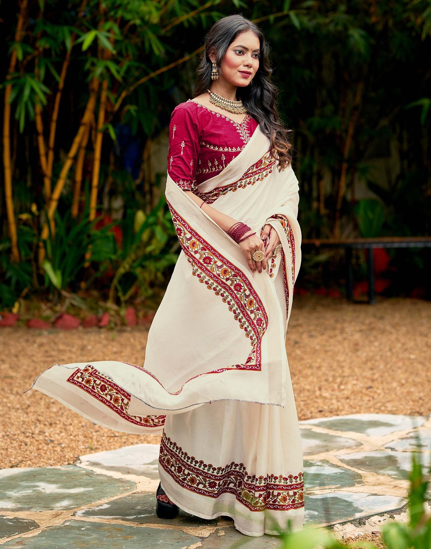 Cream Tussar Silk Printed Saree