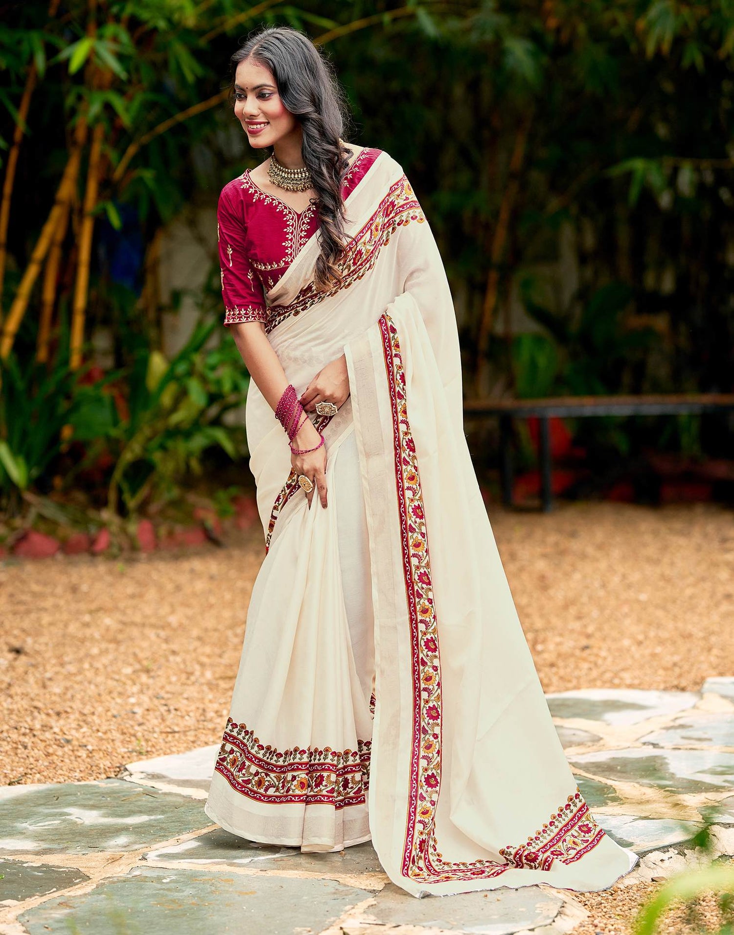 Cream Tussar Silk Printed Saree