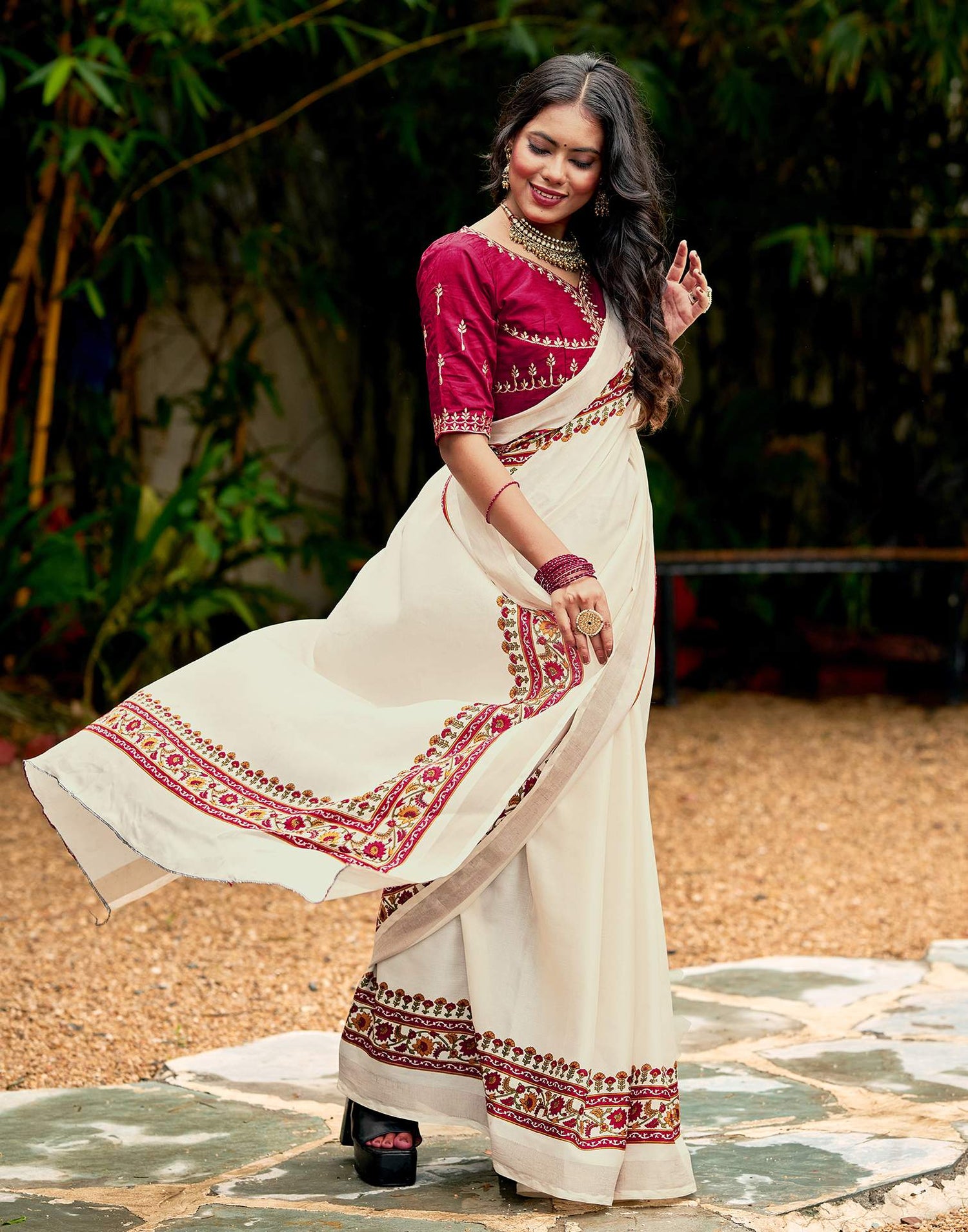 Cream Tussar Silk Printed Saree