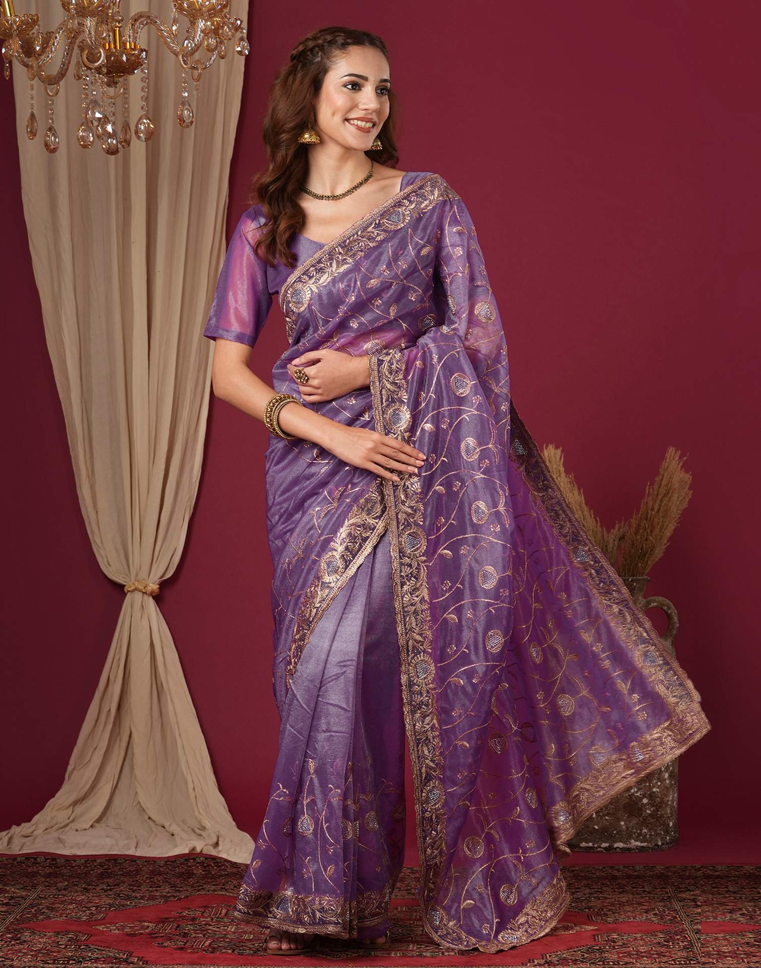 Purple Shimmer Embroidery Saree