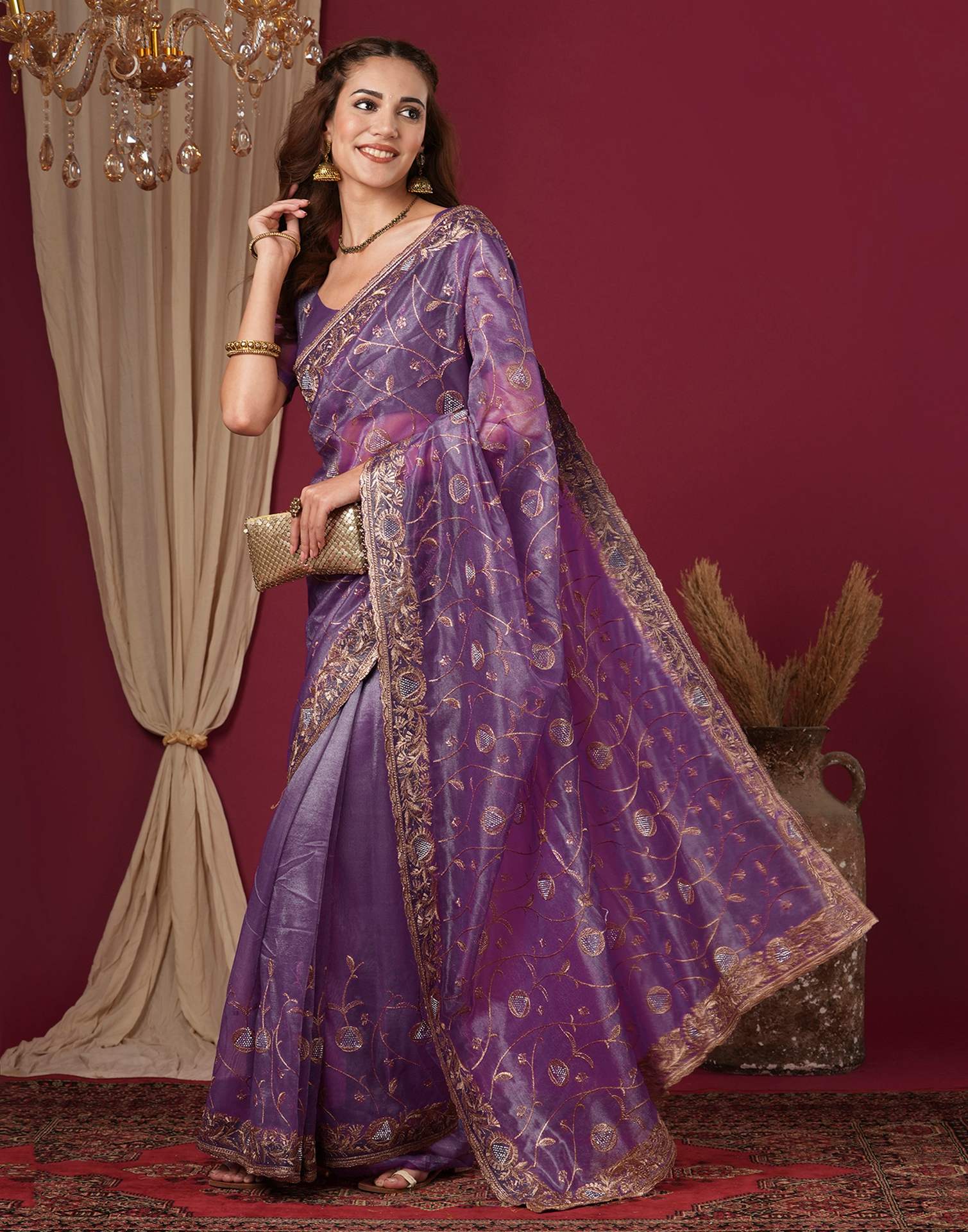 Purple Shimmer Embroidery Saree