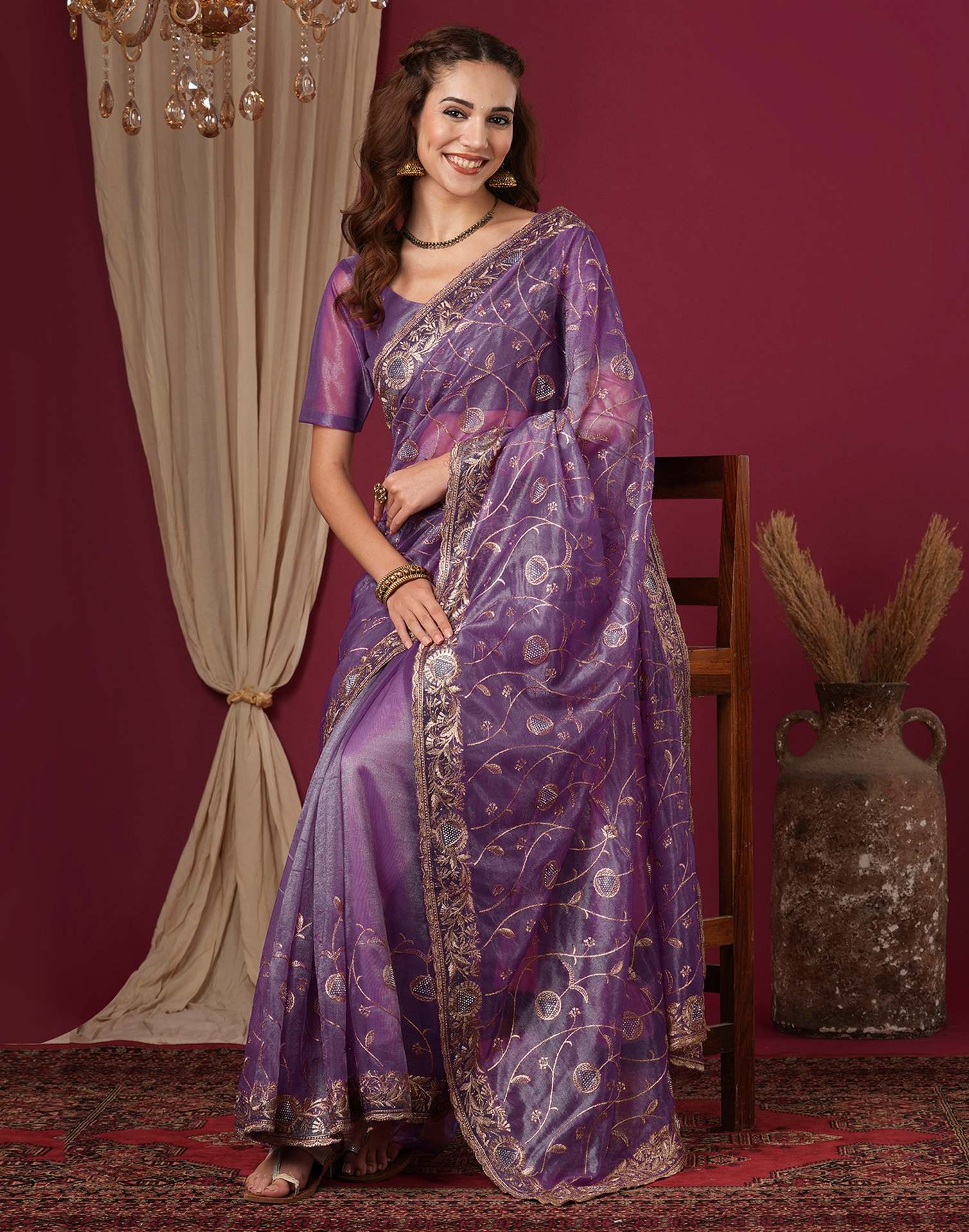 Purple Shimmer Embroidery Saree