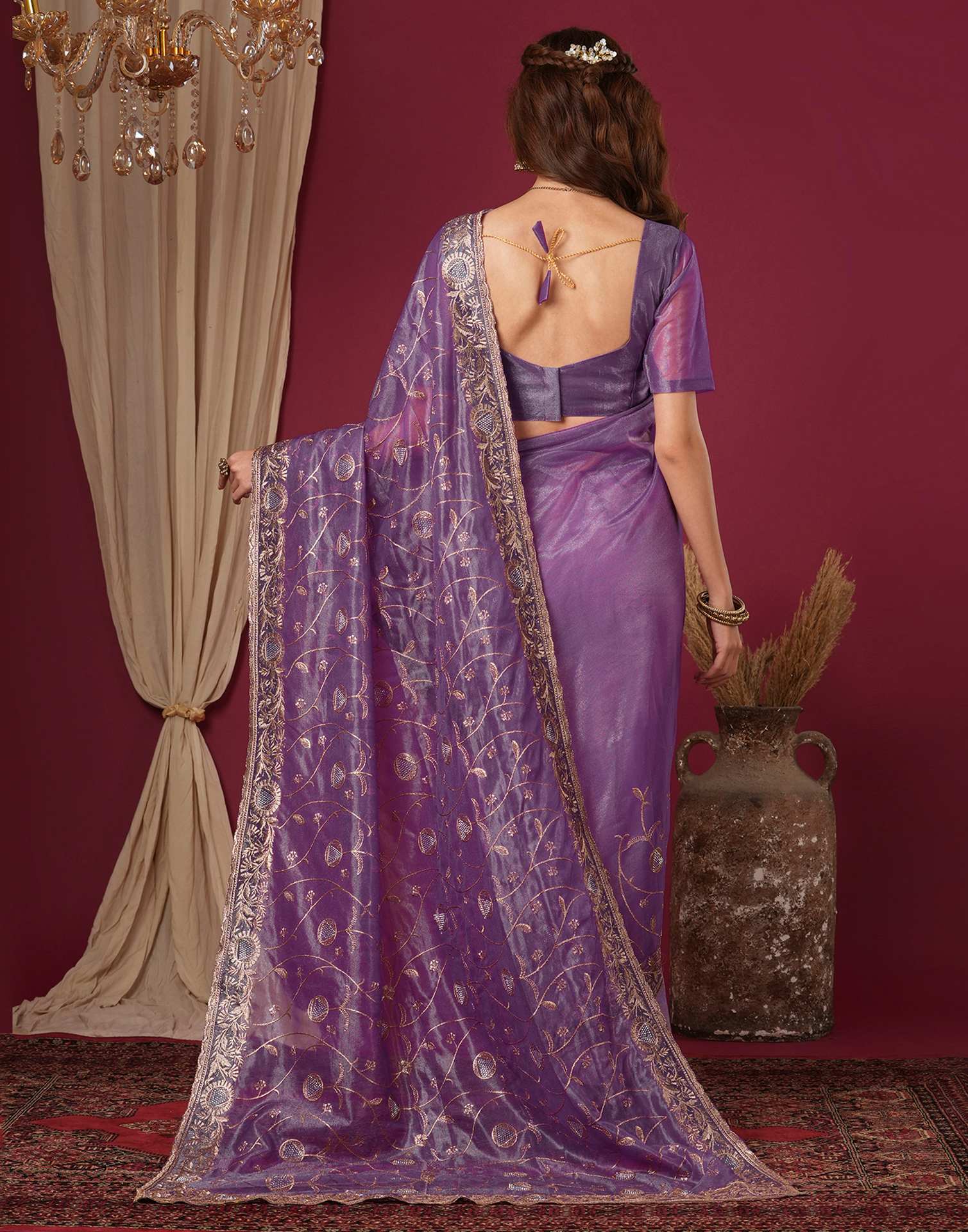 Purple Shimmer Embroidery Saree
