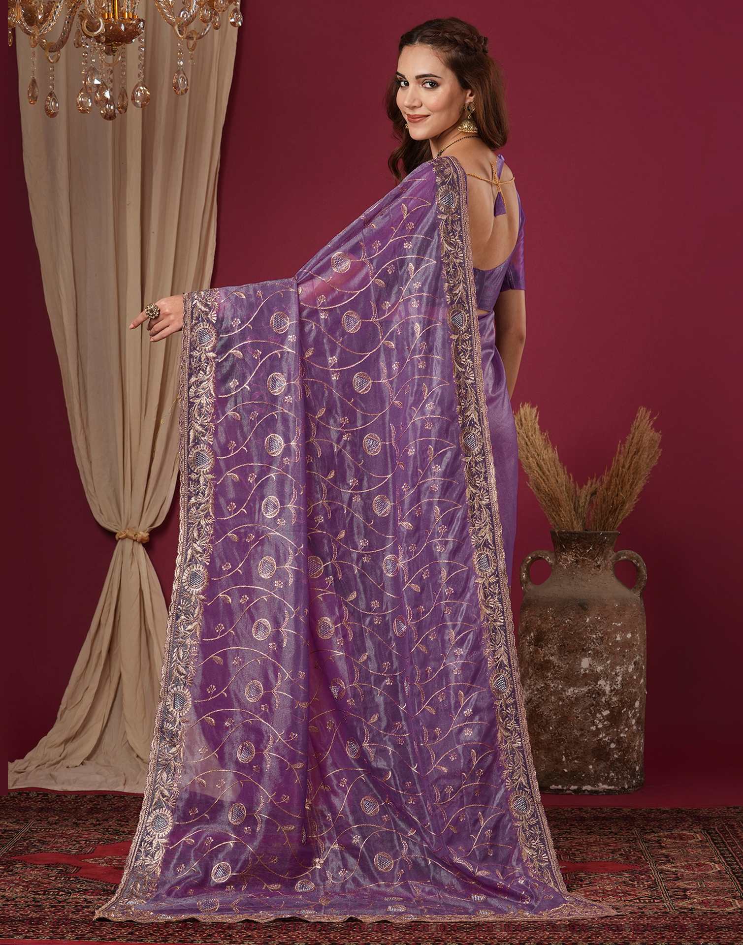 Purple Shimmer Embroidery Saree