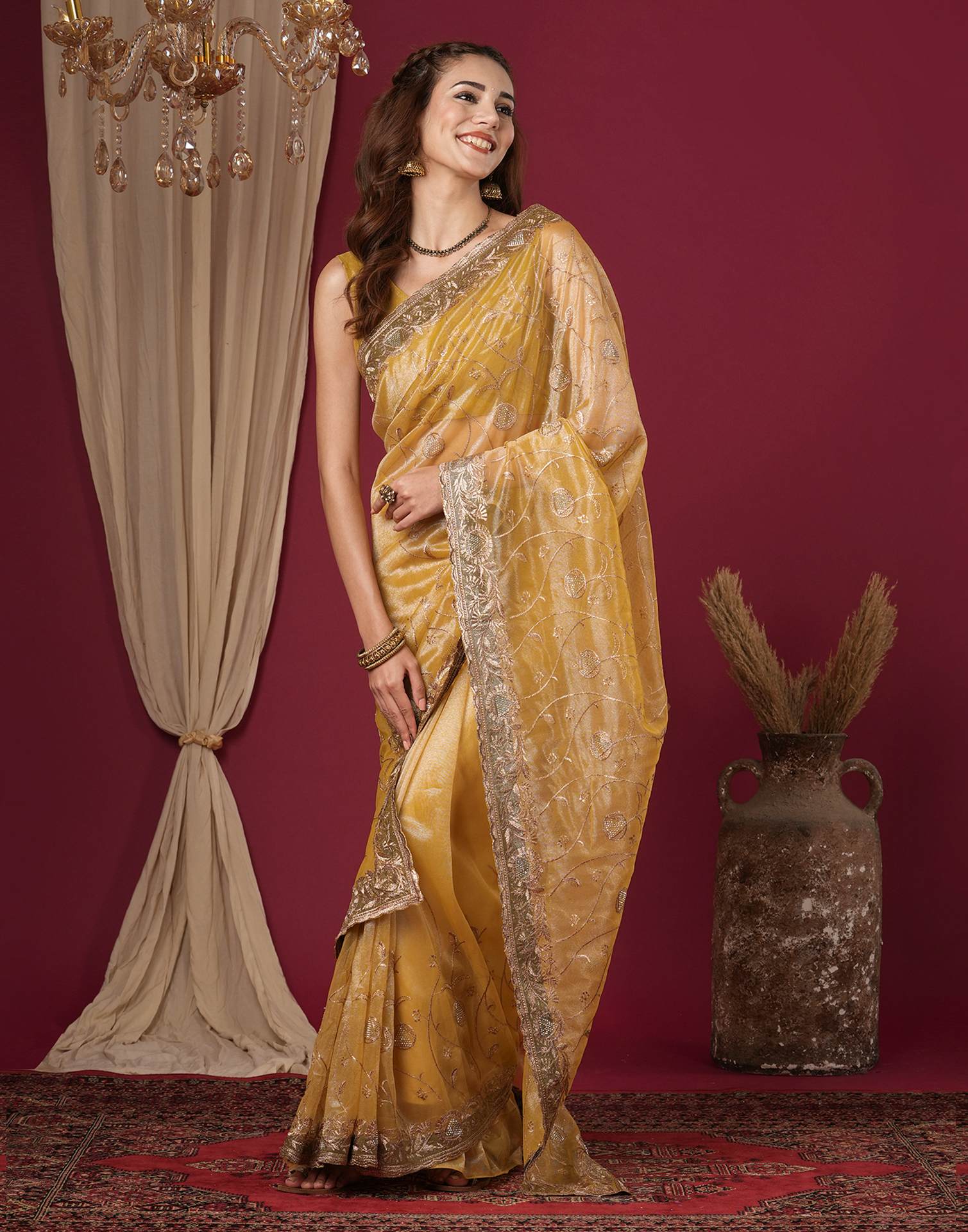 Mustard Yellow Shimmer Embroidery Saree