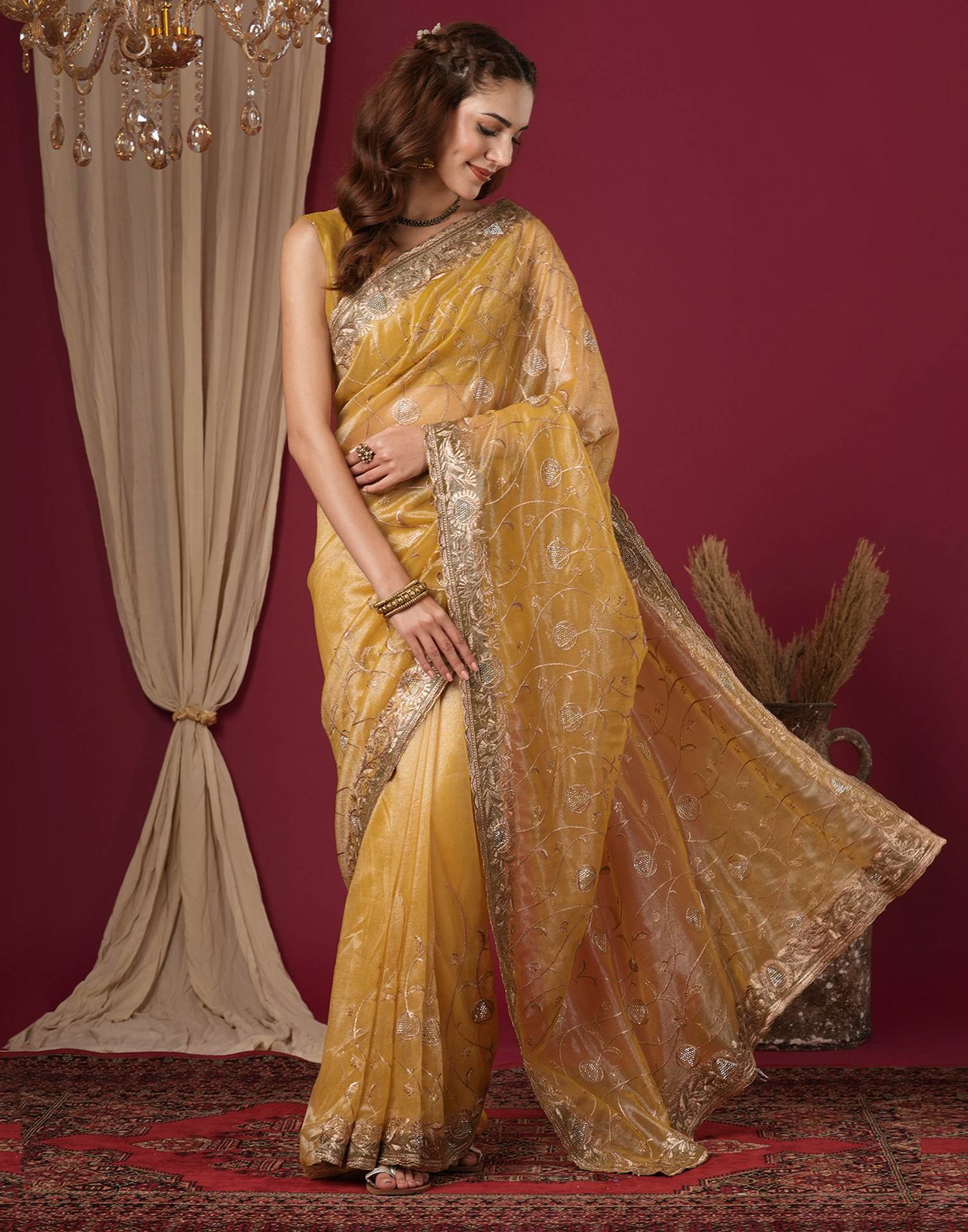 Mustard Yellow Shimmer Embroidery Saree
