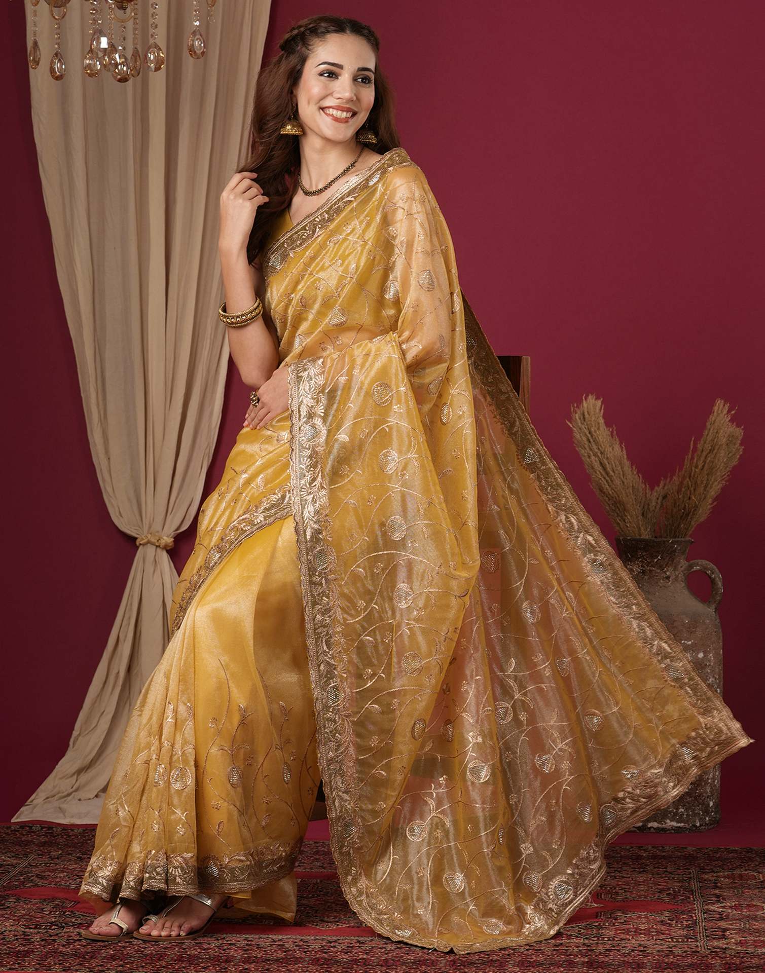 Mustard Yellow Shimmer Embroidery Saree