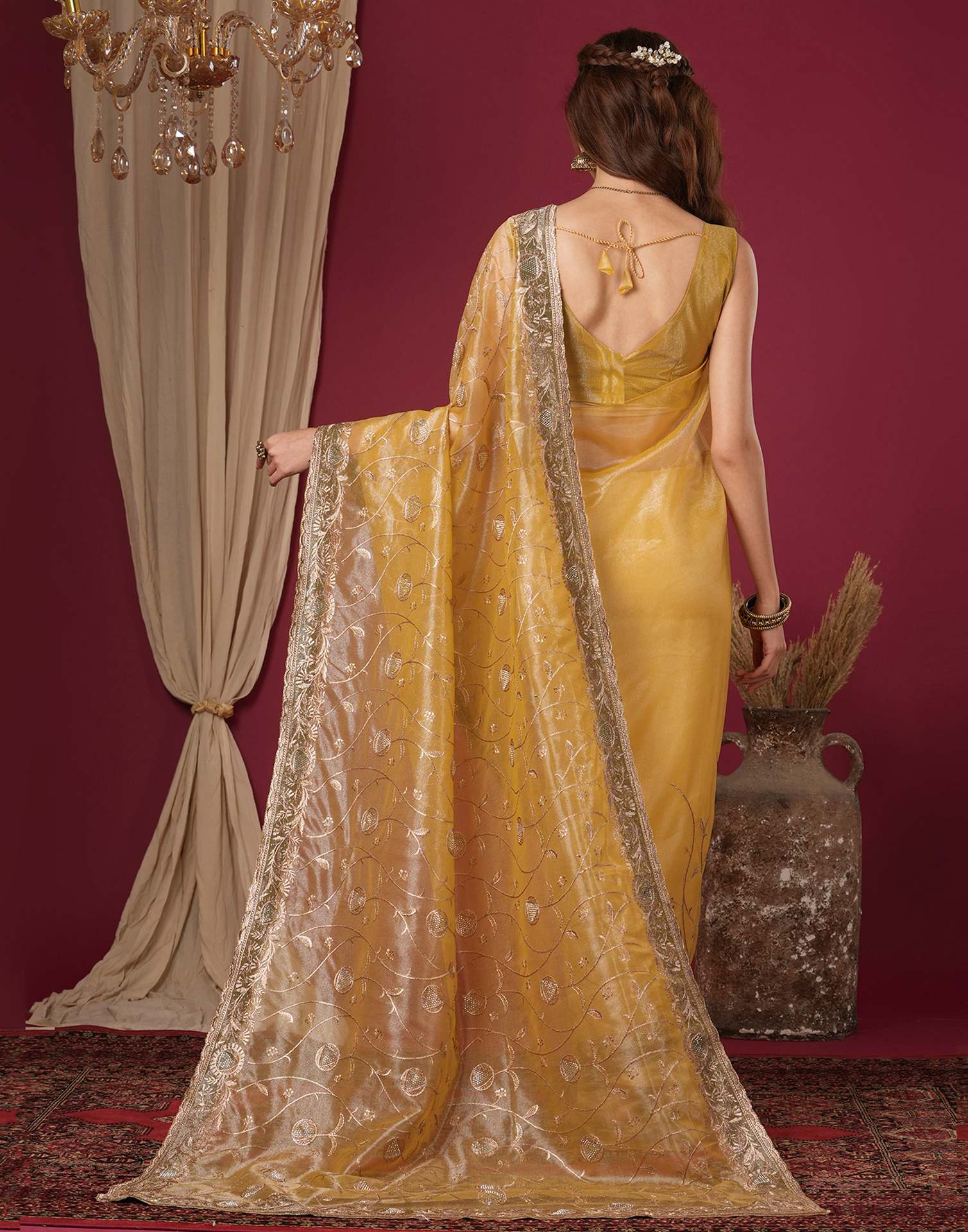 Mustard Yellow Shimmer Embroidery Saree