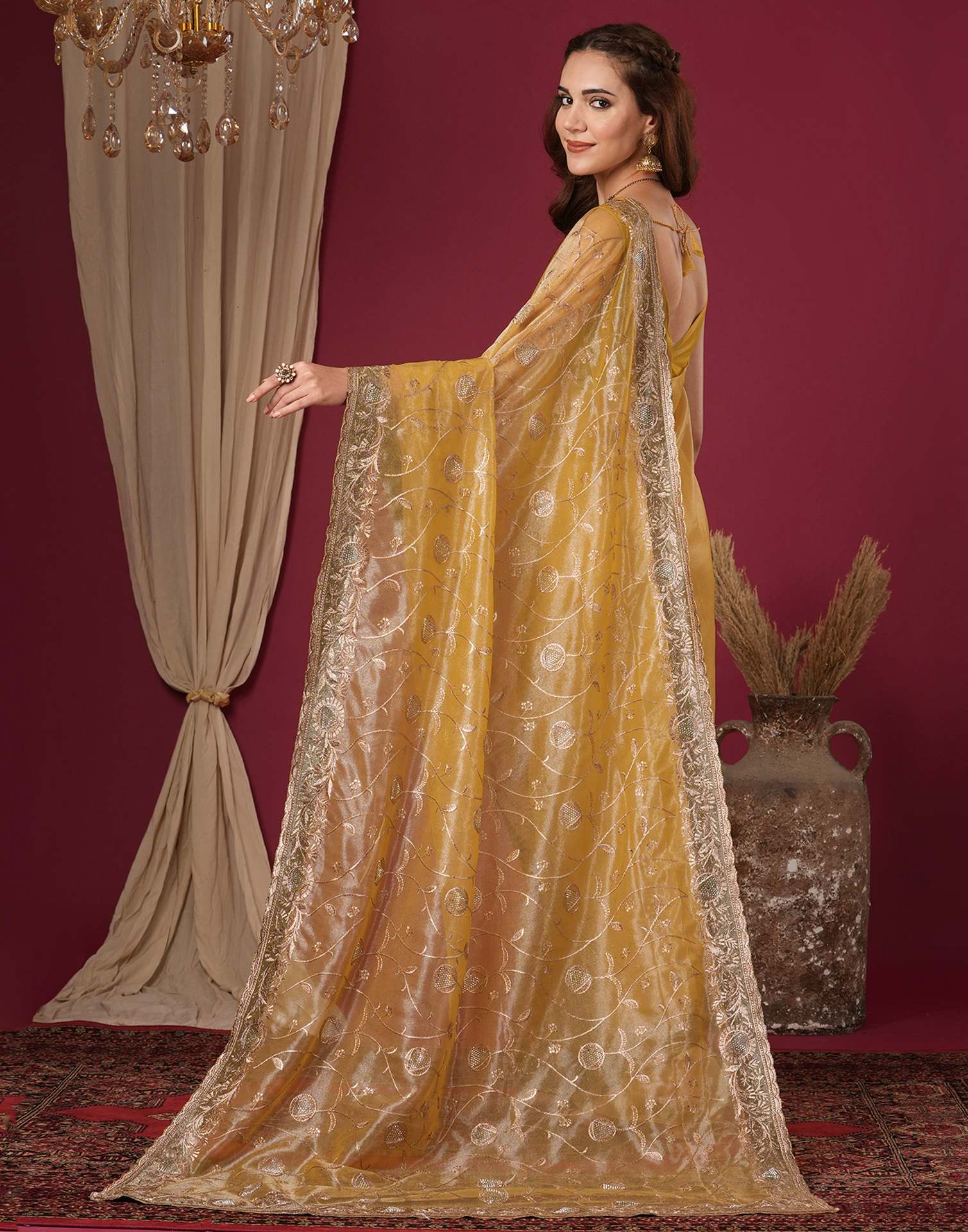 Mustard Yellow Shimmer Embroidery Saree