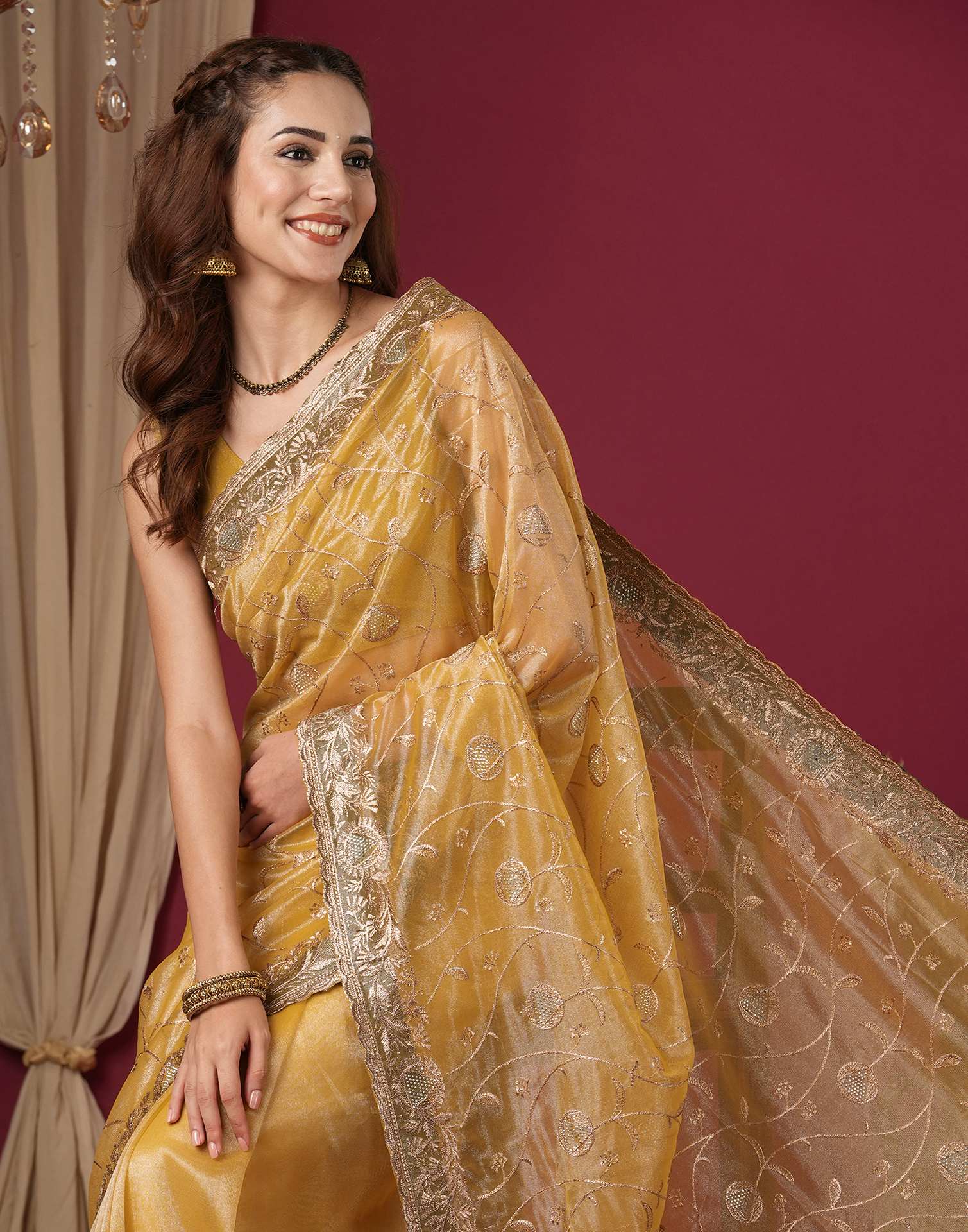 Mustard Yellow Shimmer Embroidery Saree