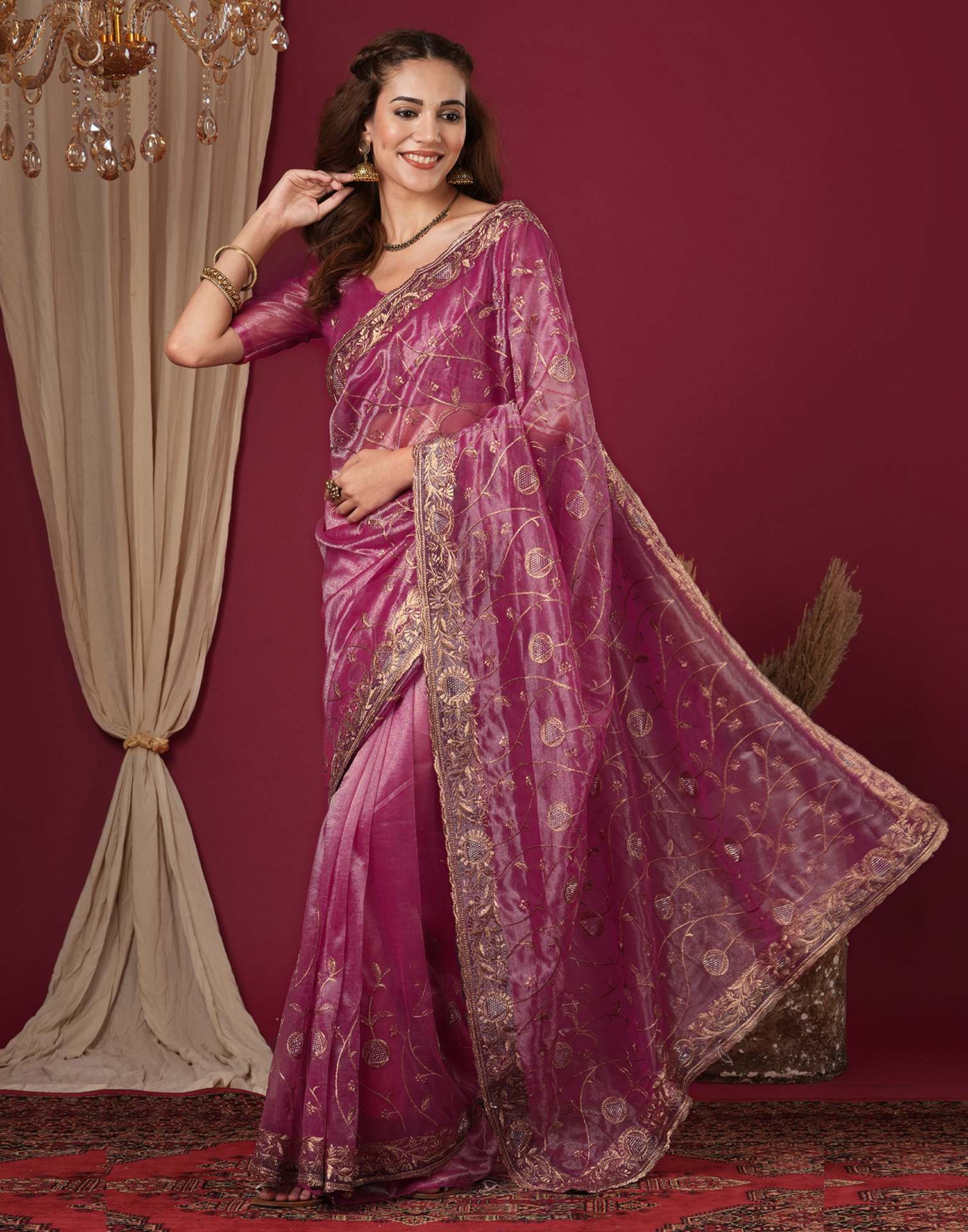 Magenta Shimmer Embroidery Saree