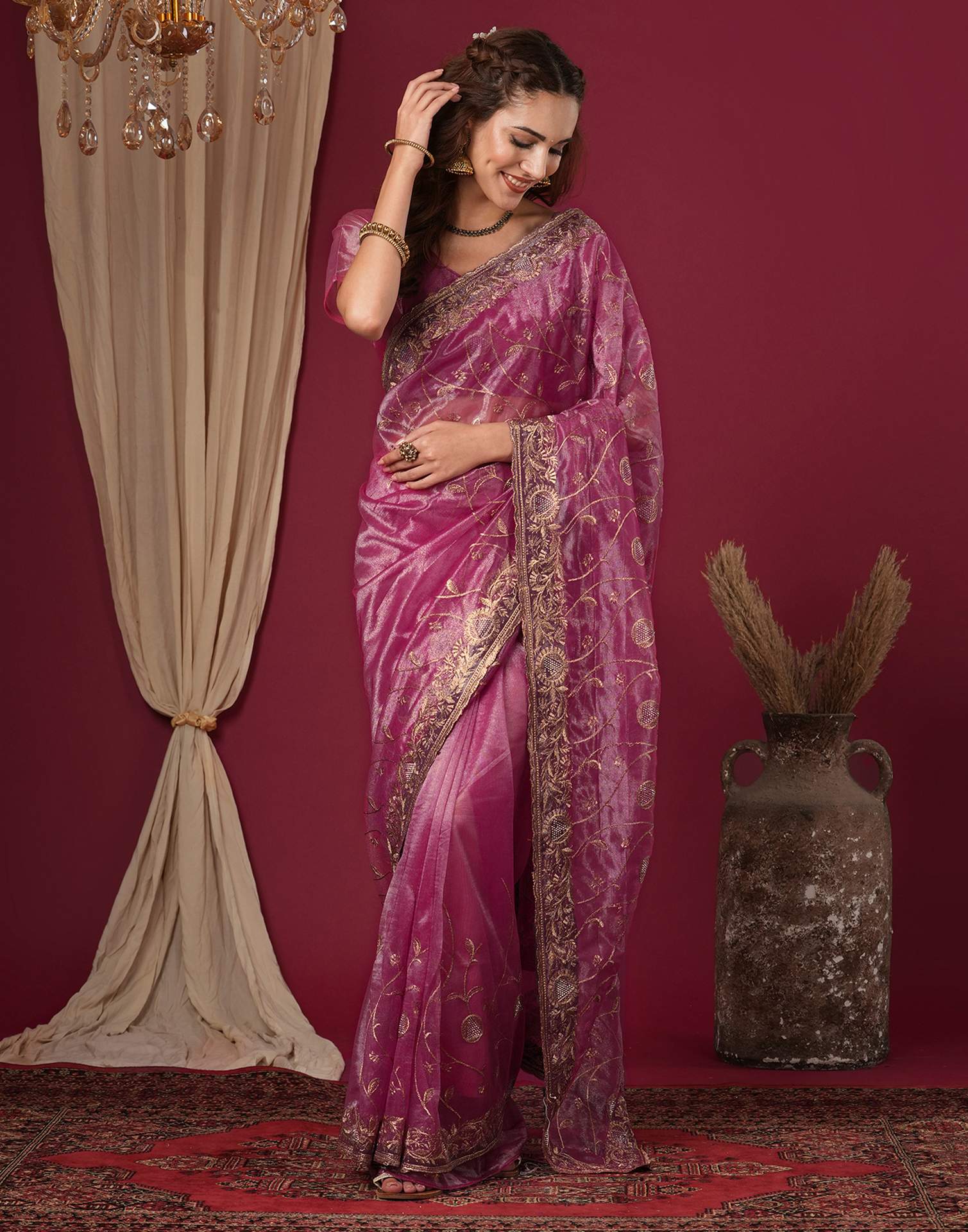 Magenta Shimmer Embroidery Saree