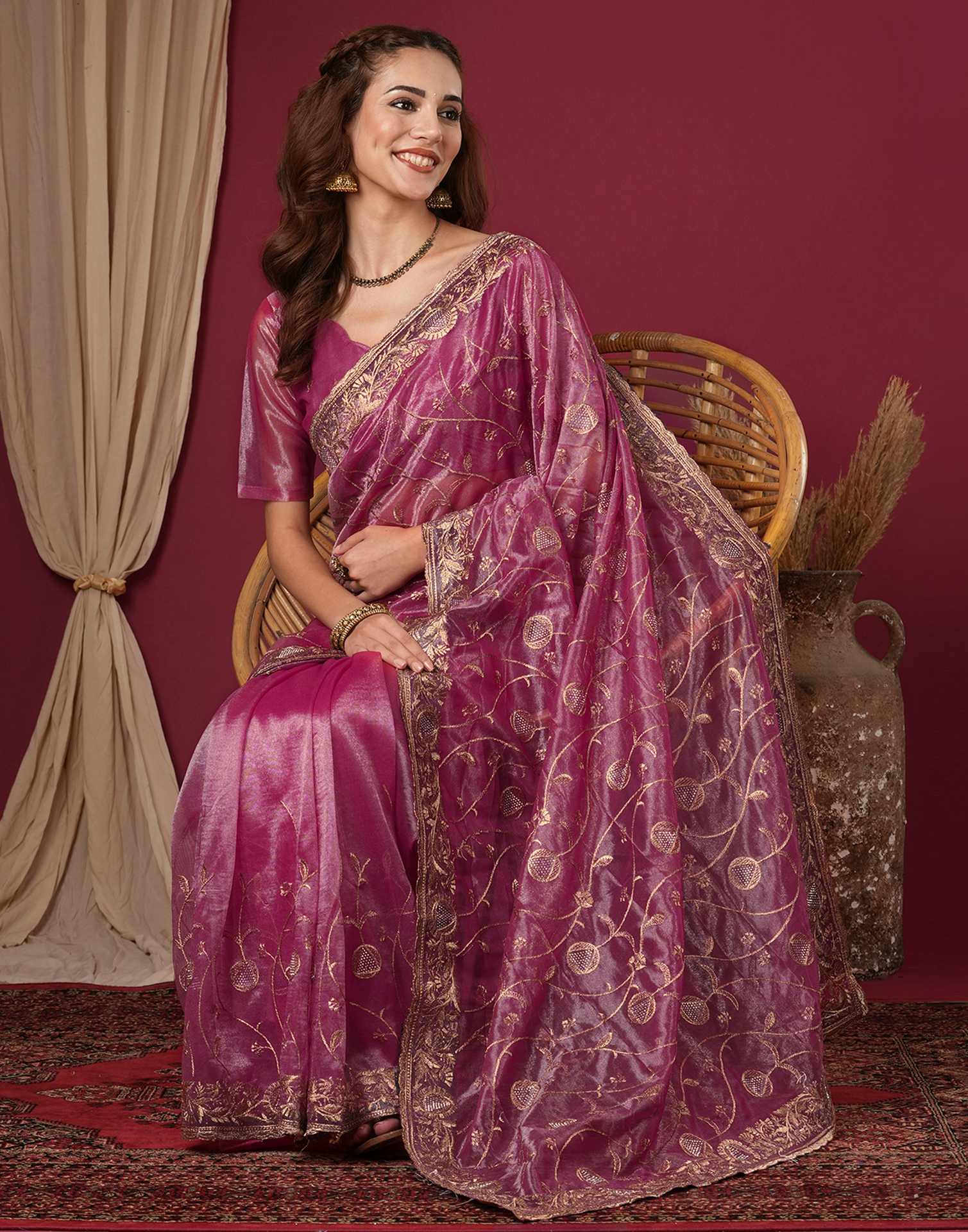 Magenta Shimmer Embroidery Saree