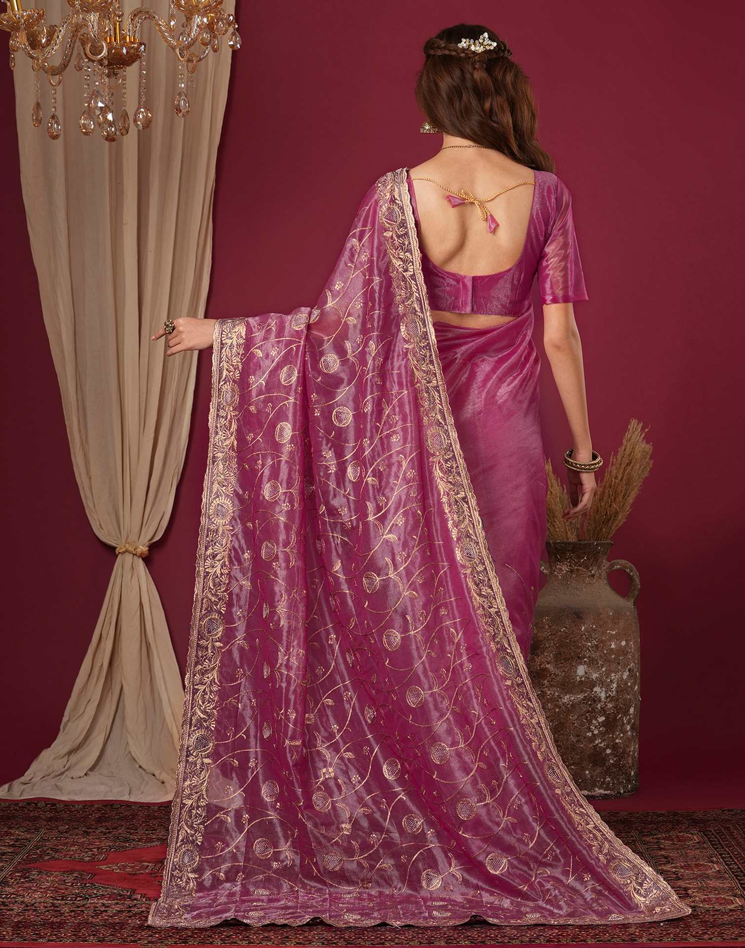 Magenta Shimmer Embroidery Saree
