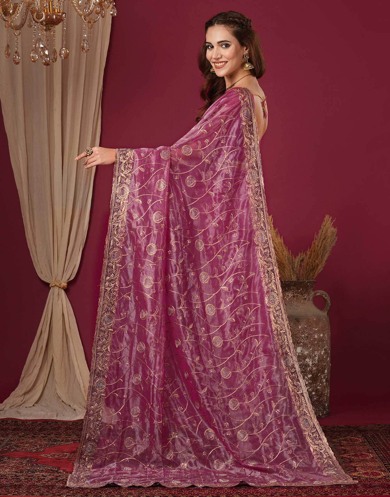 Magenta Shimmer Embroidery Saree