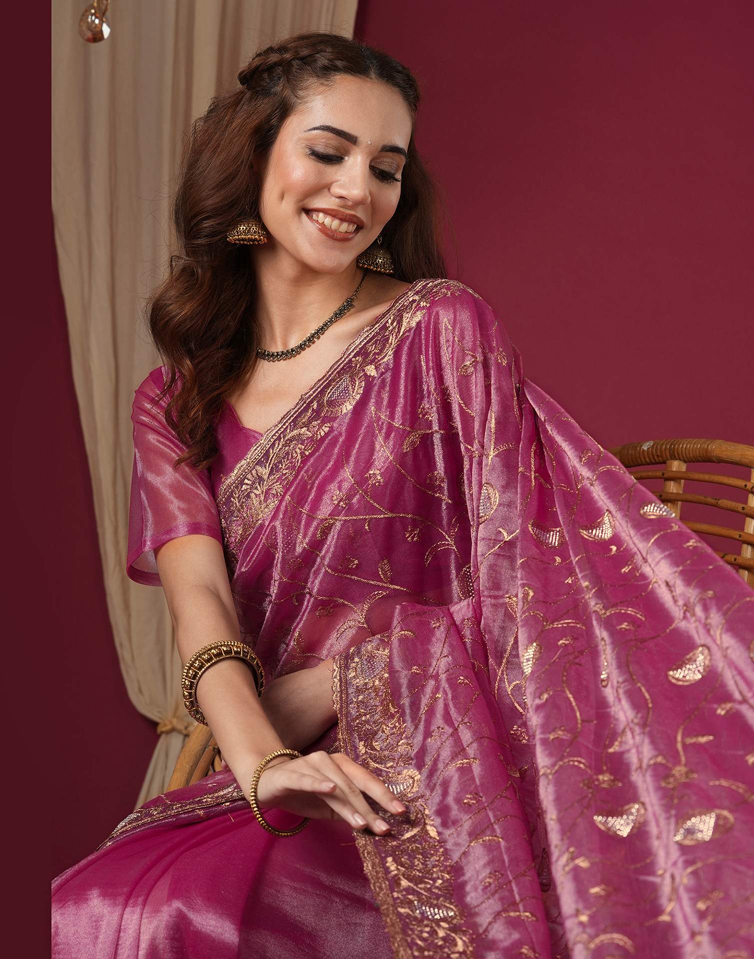 Magenta Shimmer Embroidery Saree
