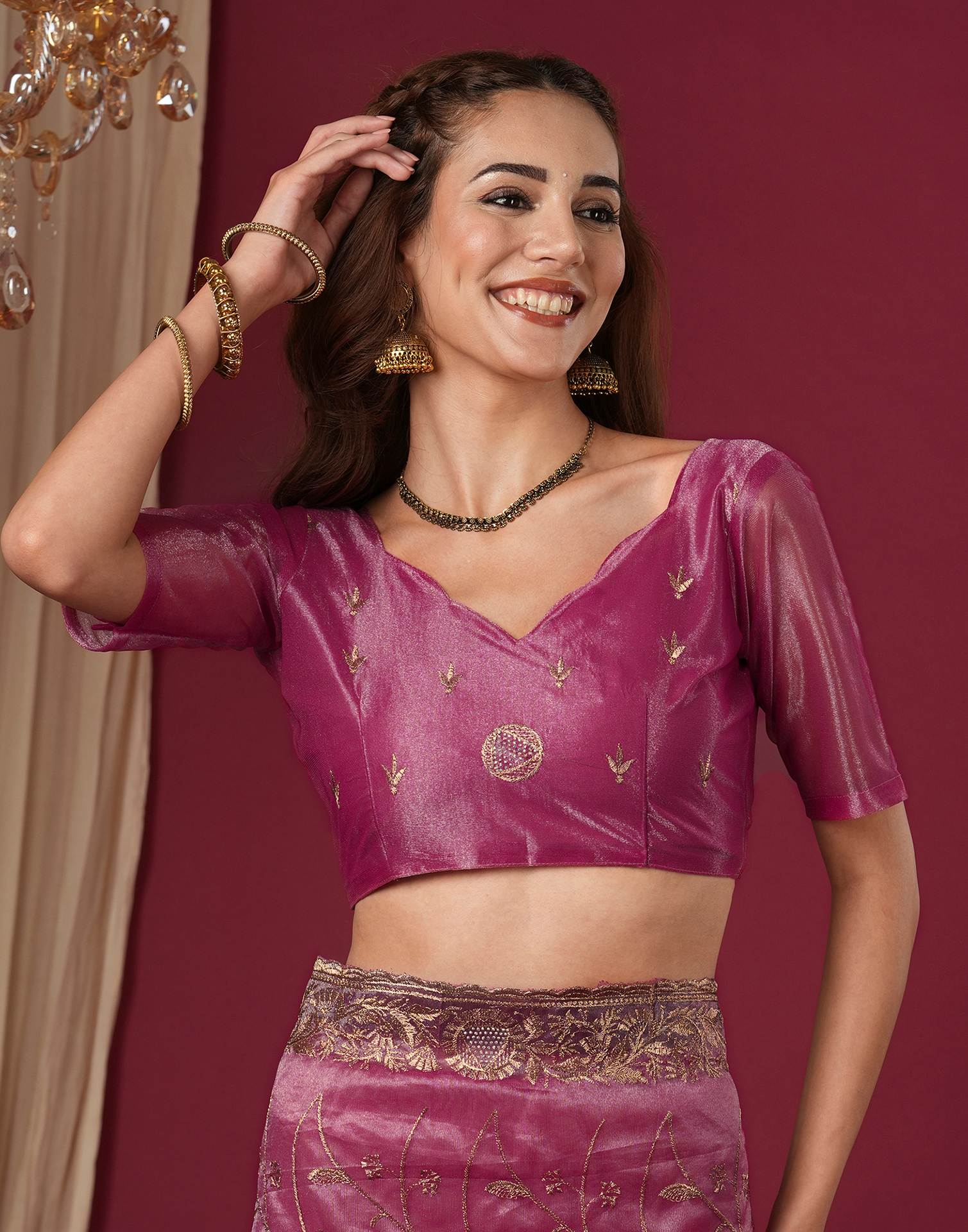 Magenta Shimmer Embroidery Saree