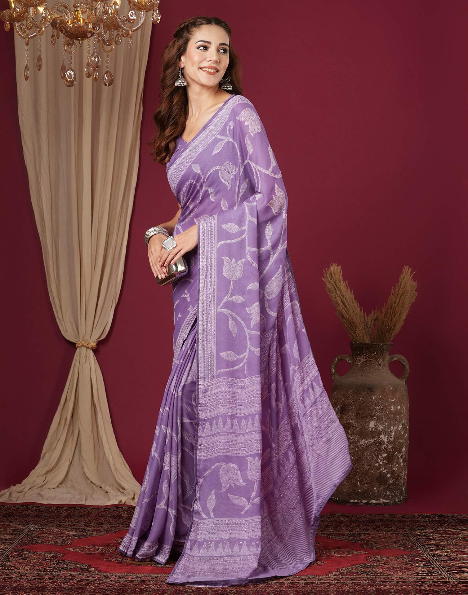 Dusty Lavender Georgette Printed Saree