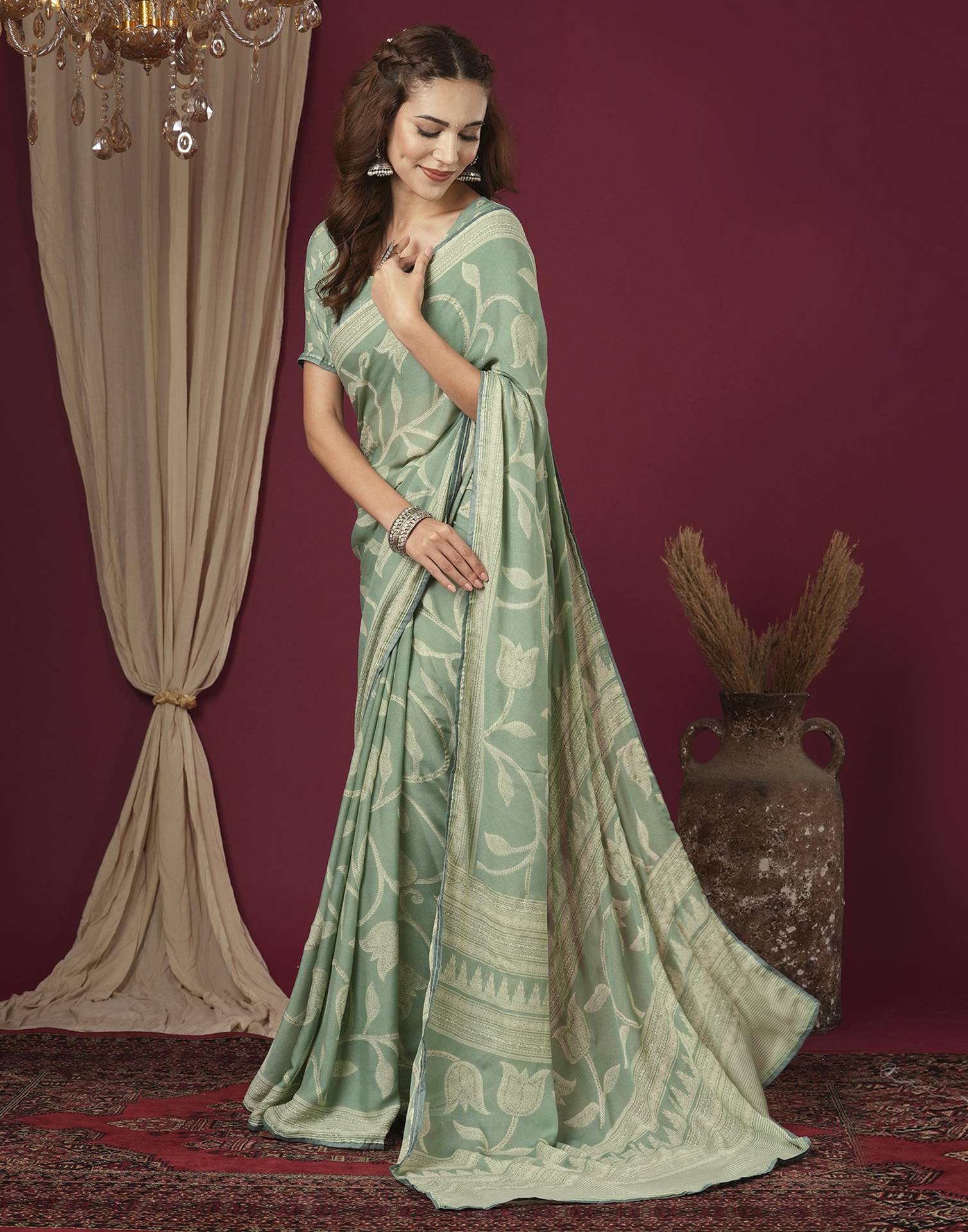 Sea Green Georgette Printed Saree
