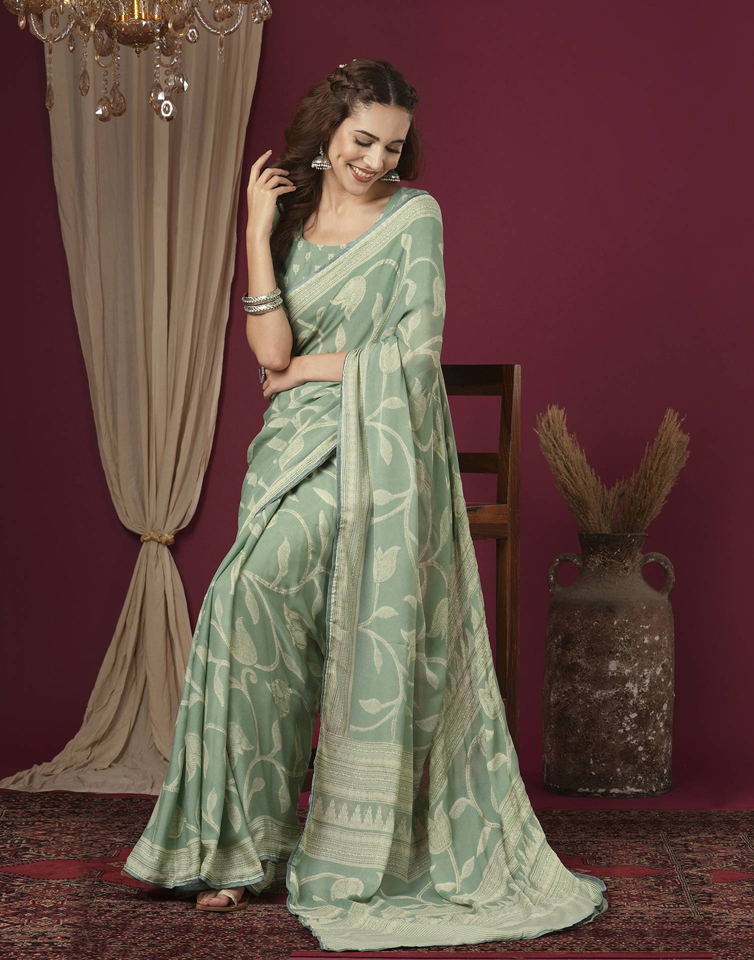 Sea Green Georgette Printed Saree