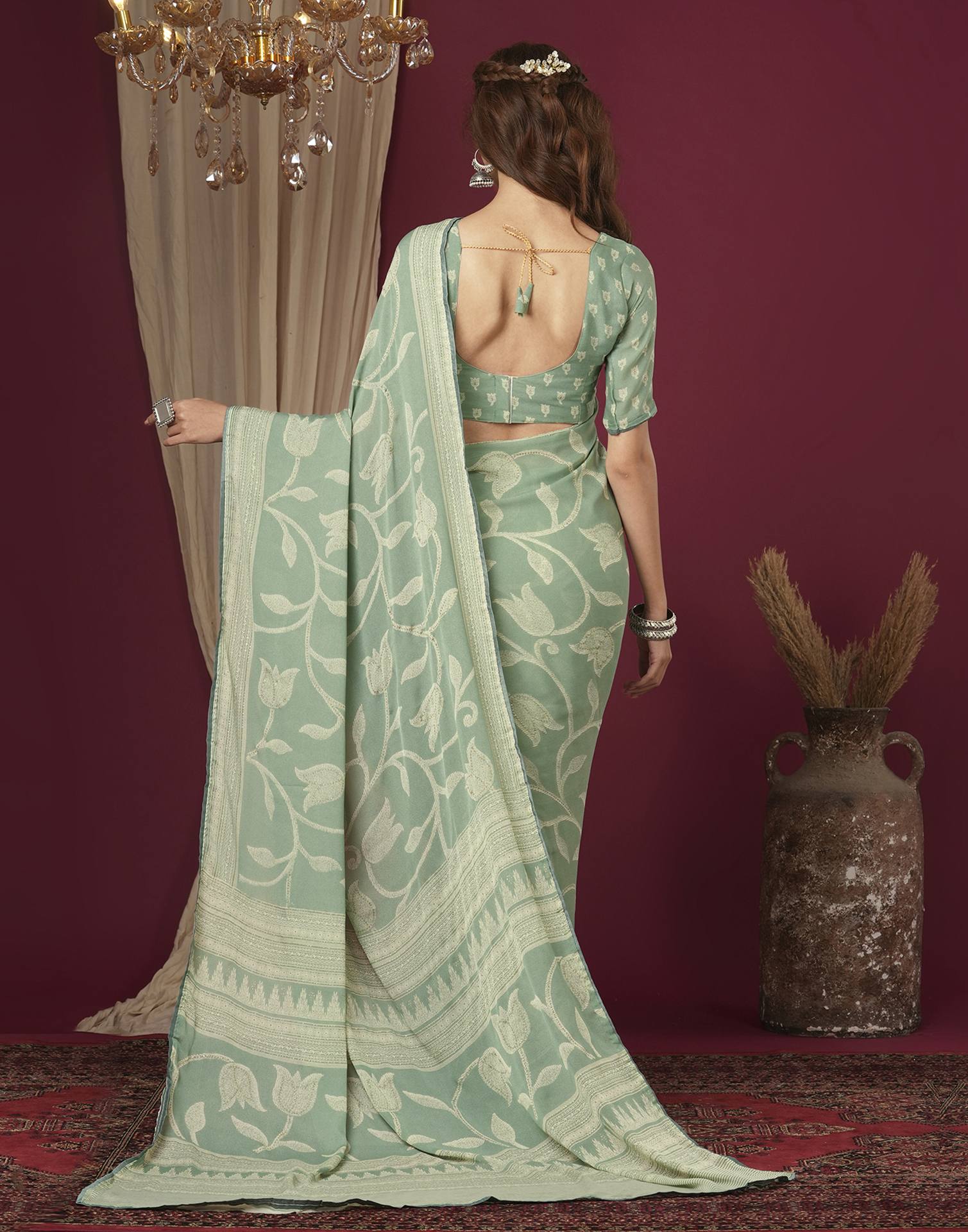 Sea Green Georgette Printed Saree