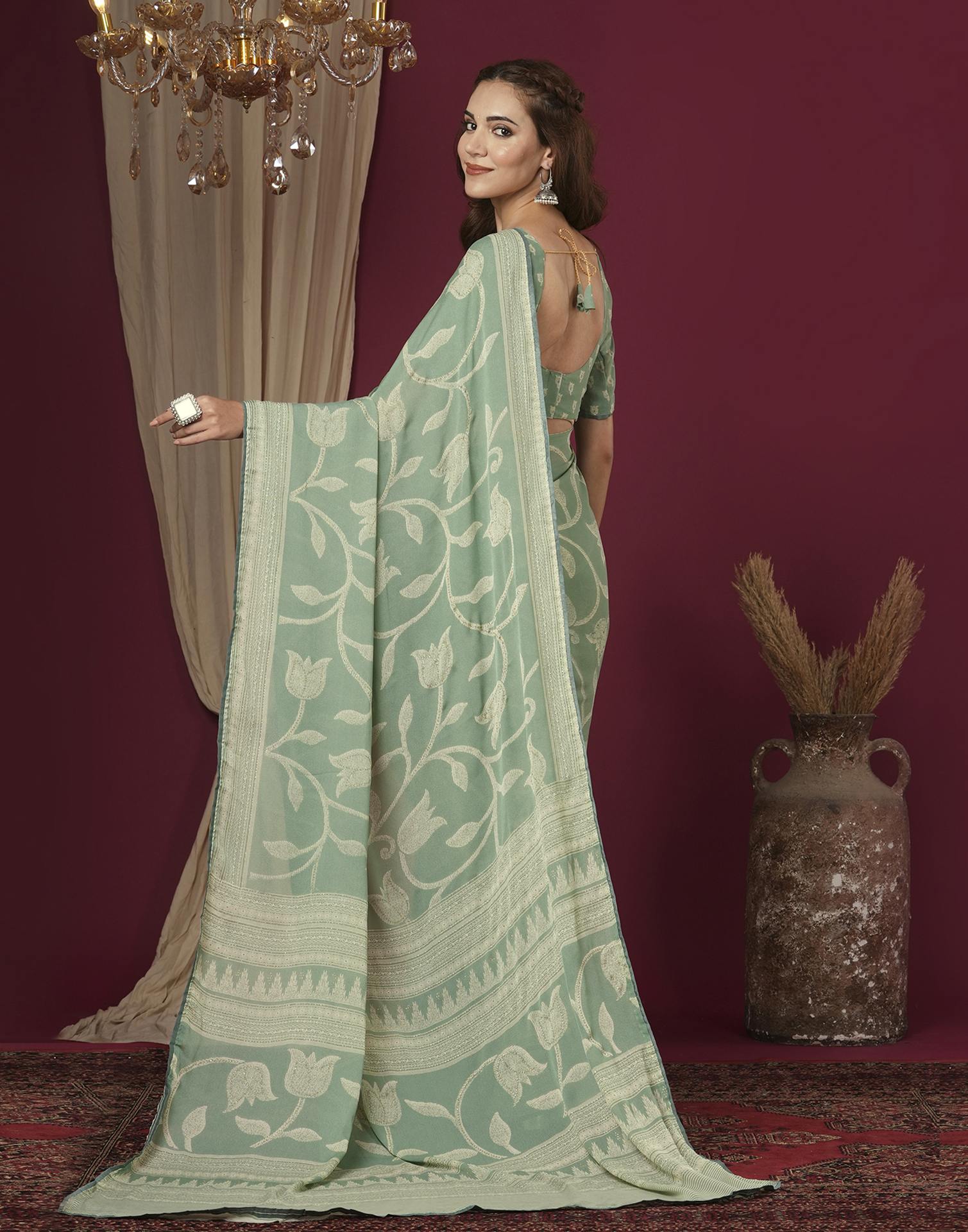 Sea Green Georgette Printed Saree
