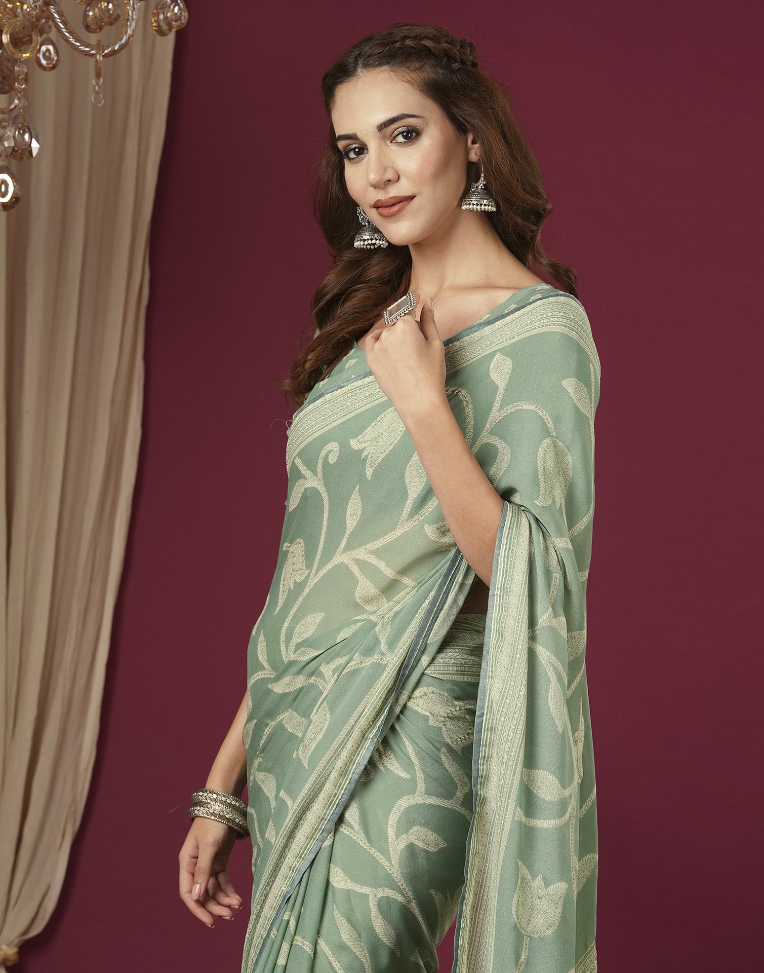 Sea Green Georgette Printed Saree