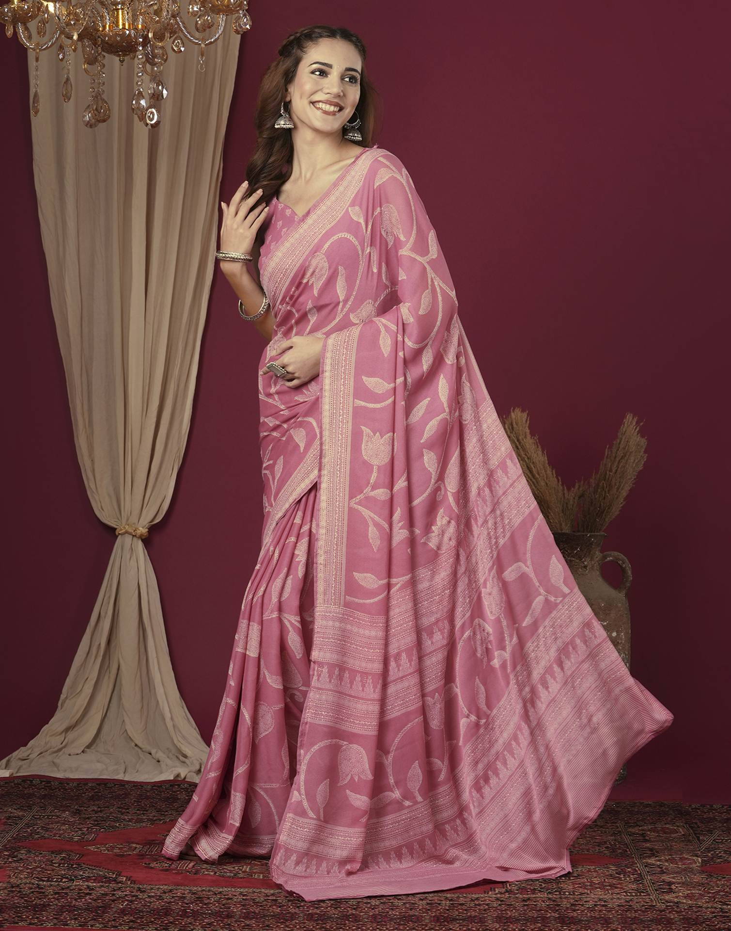 Rose Pink Georgette Printed Saree