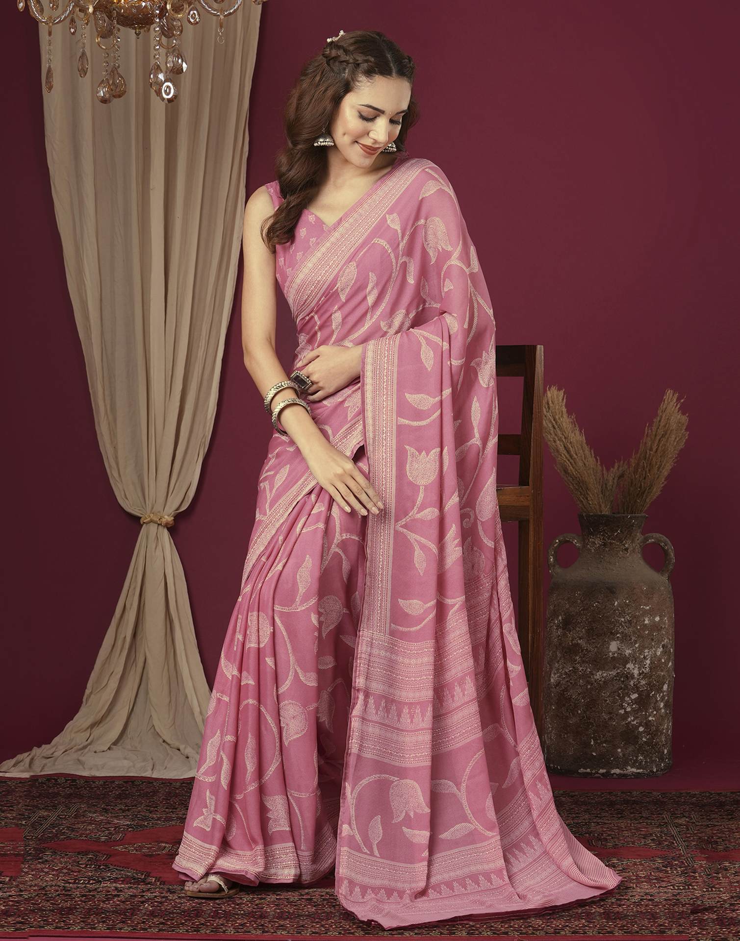Rose Pink Georgette Printed Saree