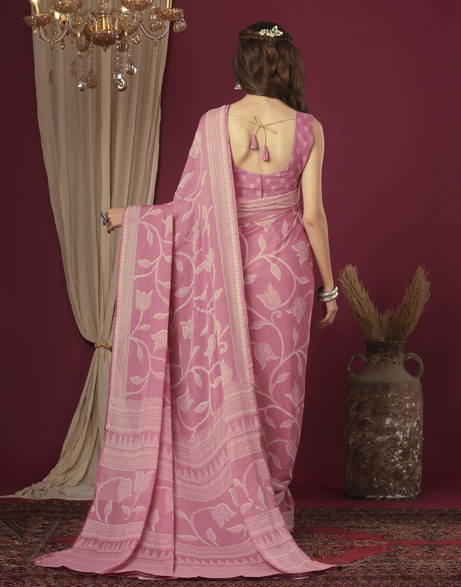 Rose Pink Georgette Printed Saree