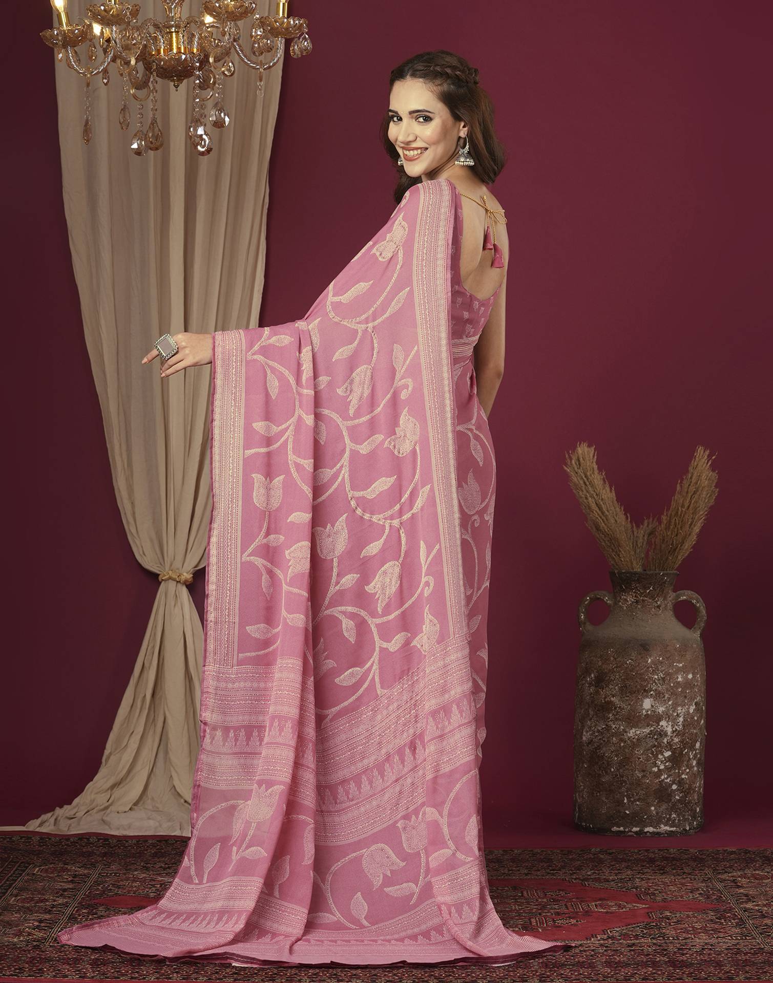Rose Pink Georgette Printed Saree