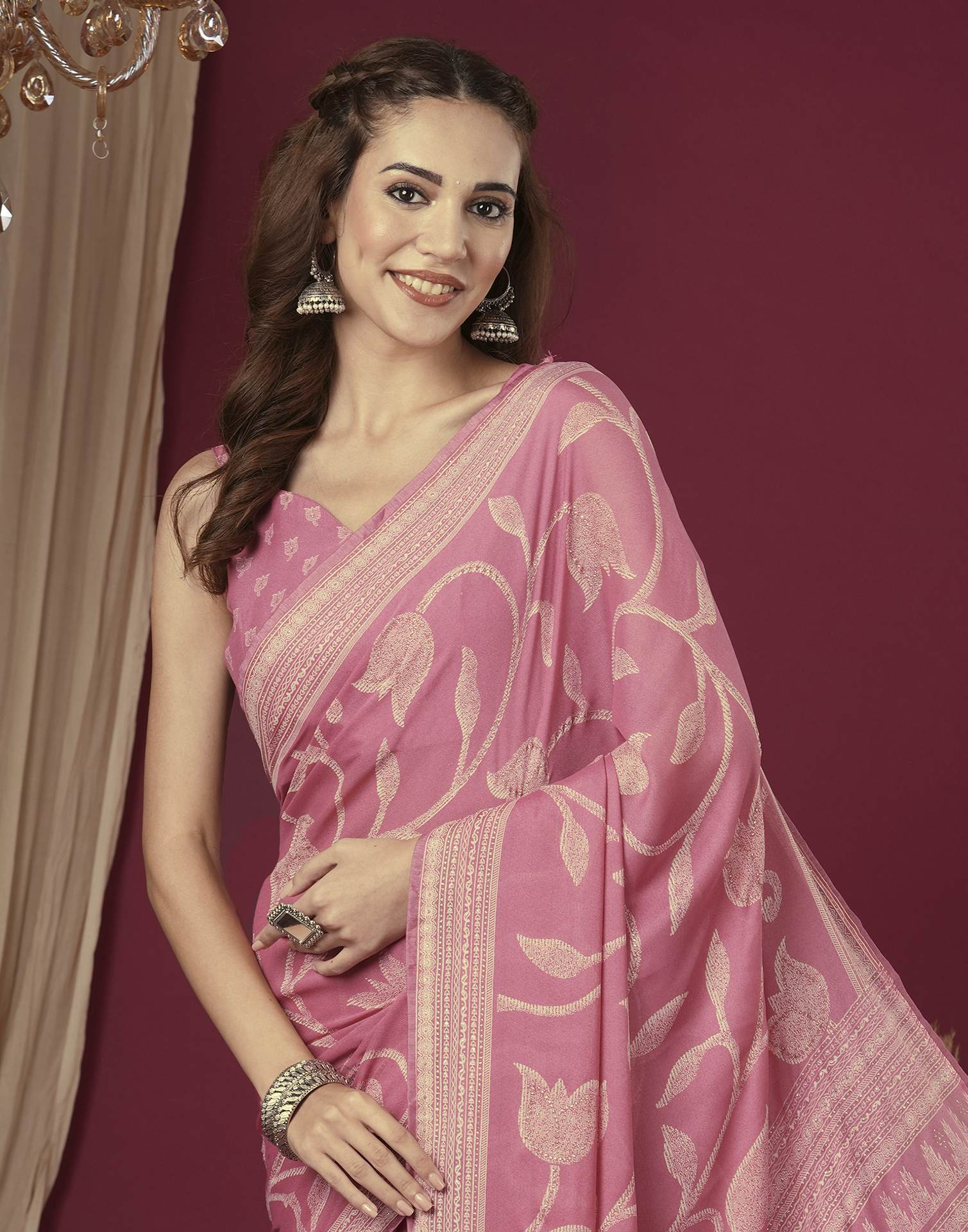 Rose Pink Georgette Printed Saree