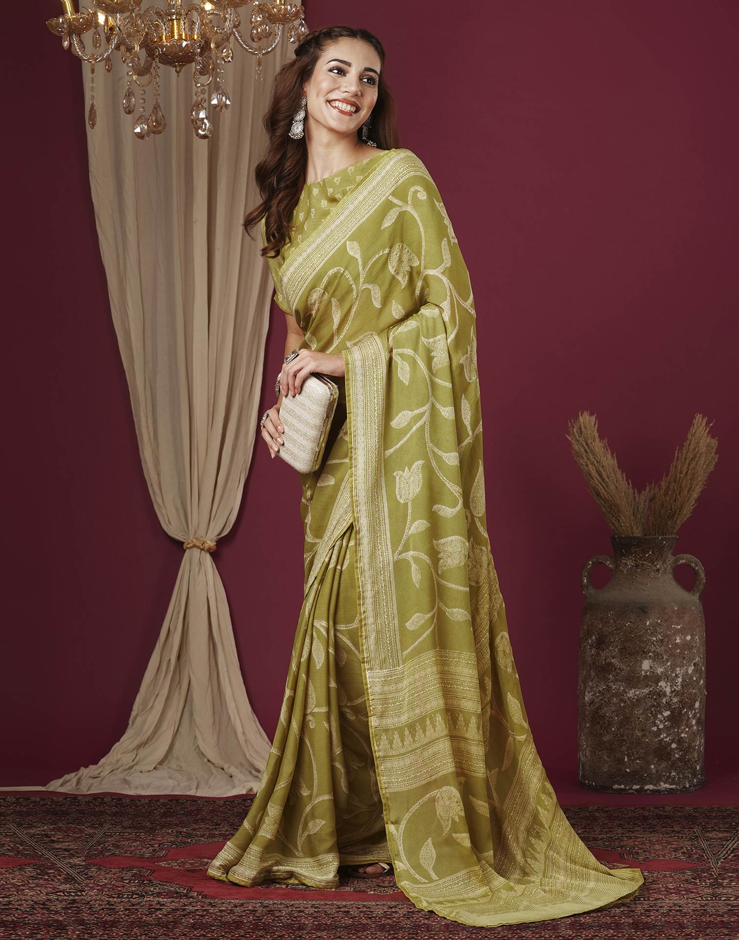 Dusty Green Georgette Printed Saree