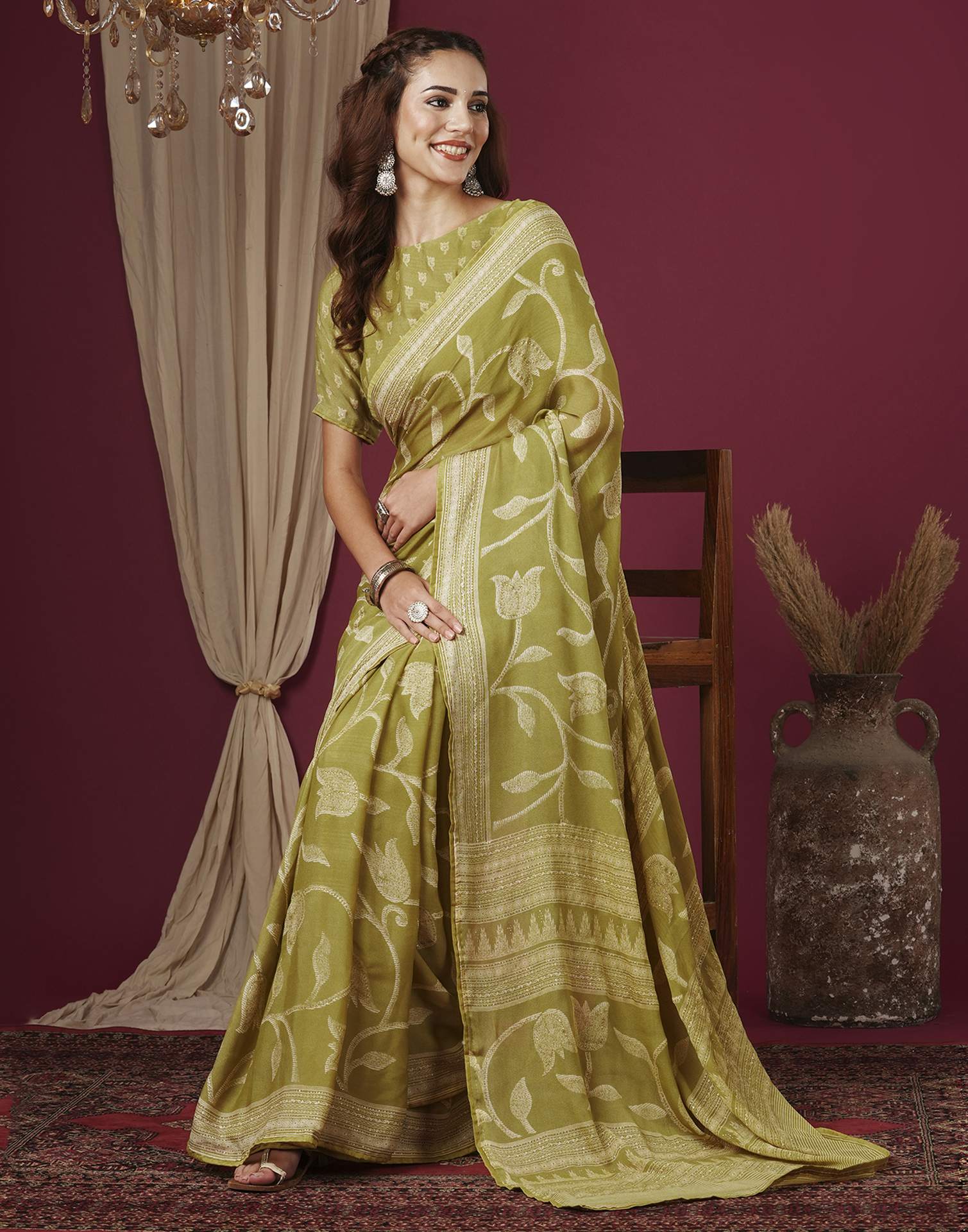 Dusty Green Georgette Printed Saree