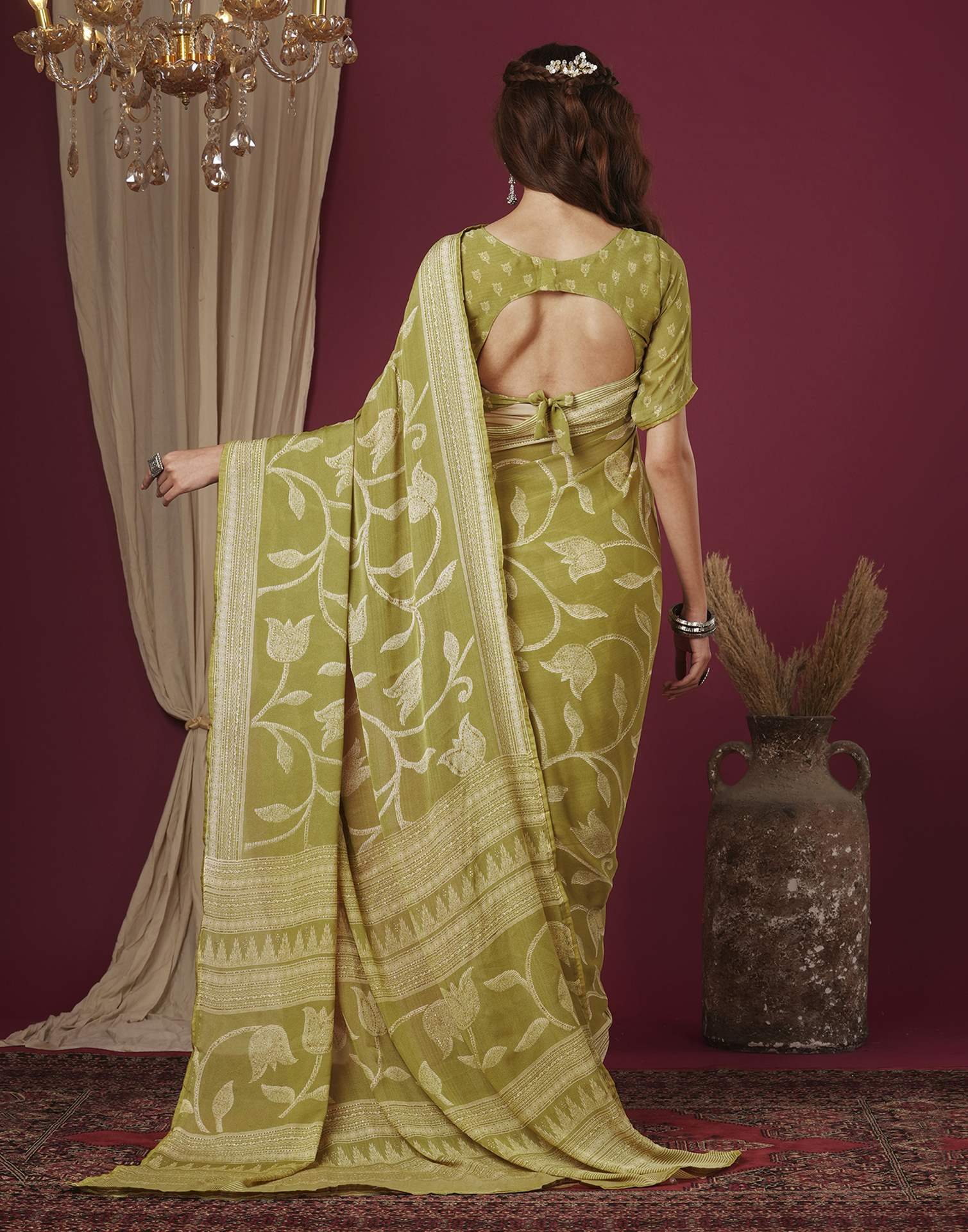 Dusty Green Georgette Printed Saree