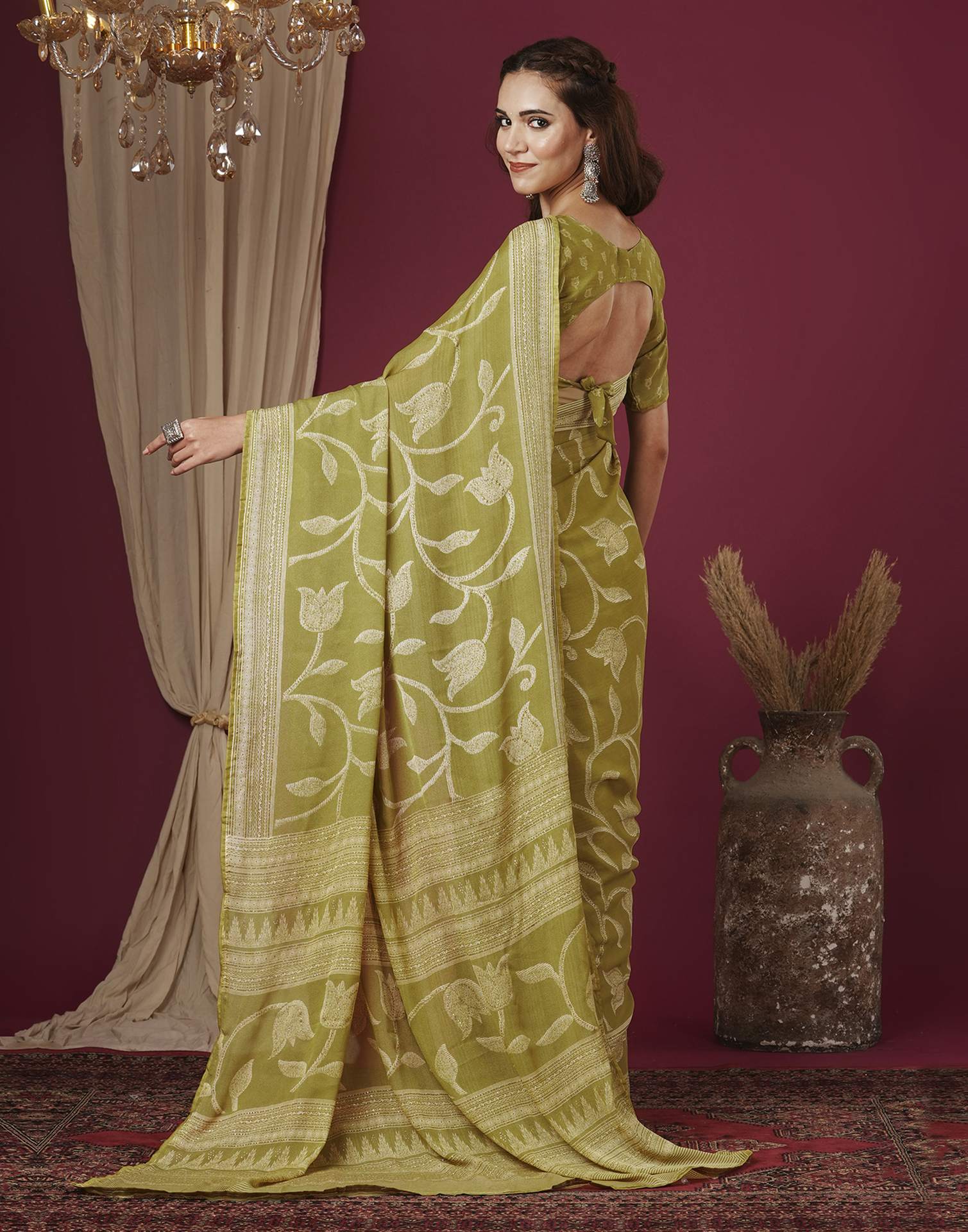 Dusty Green Georgette Printed Saree