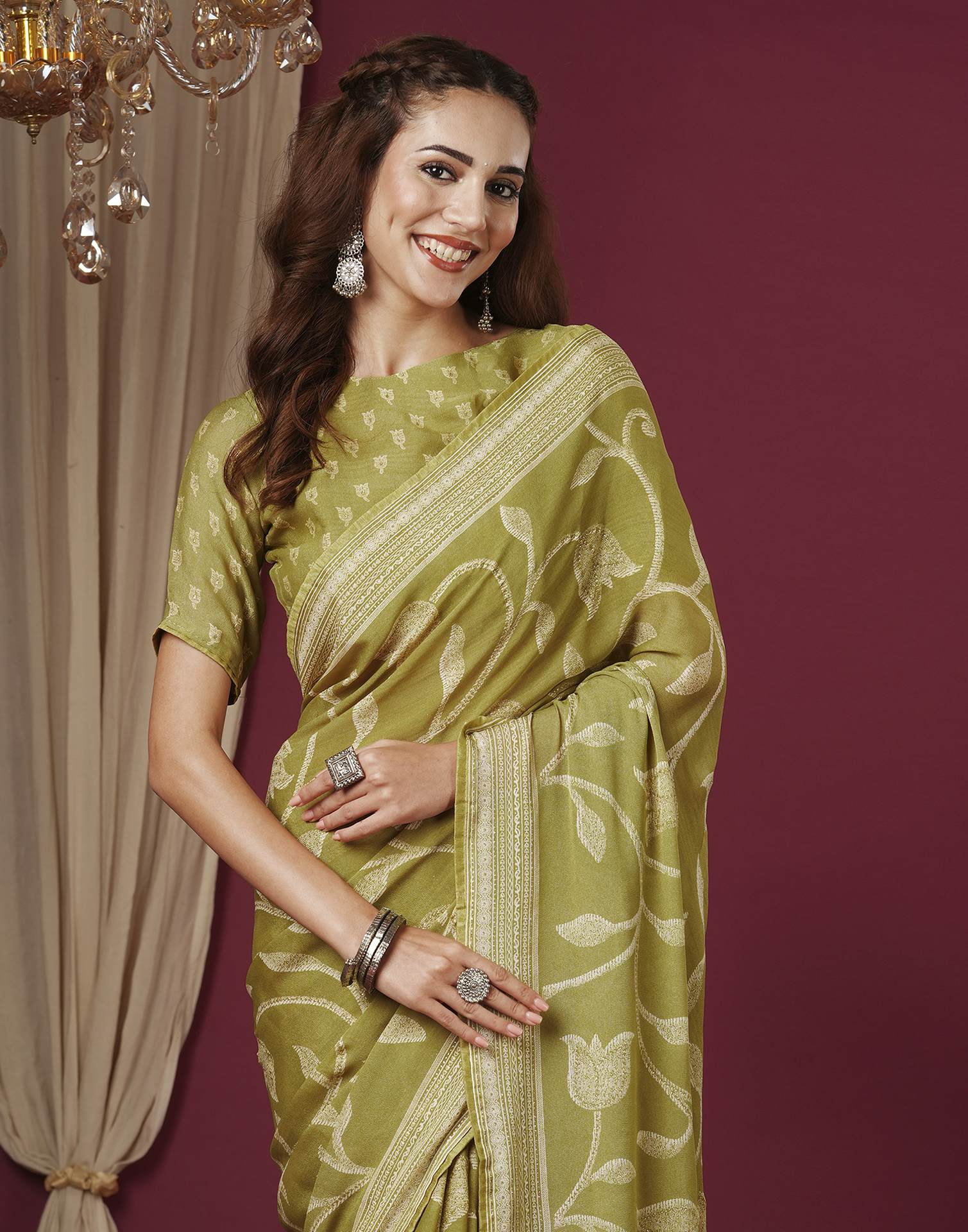 Dusty Green Georgette Printed Saree