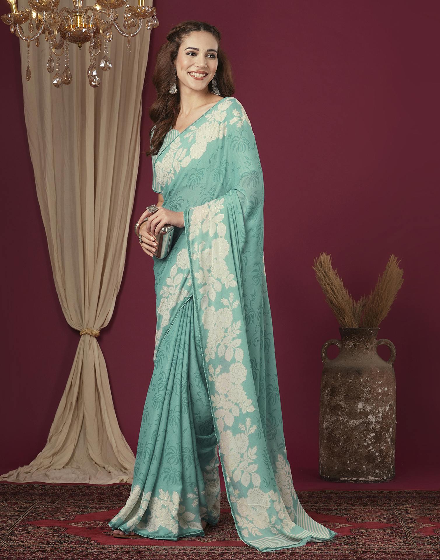 Light Teal Green Georgette Printed Saree