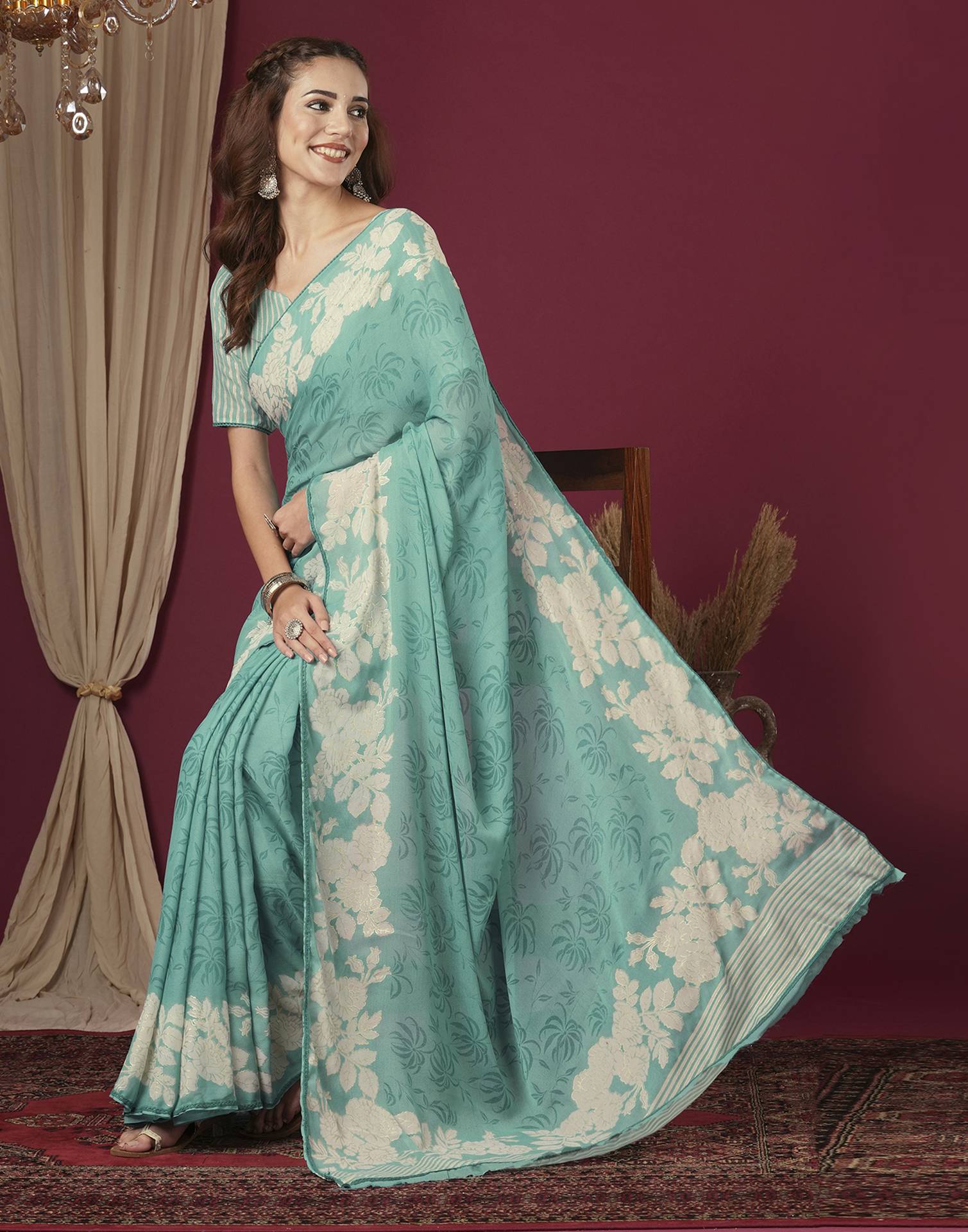 Light Teal Green Georgette Printed Saree