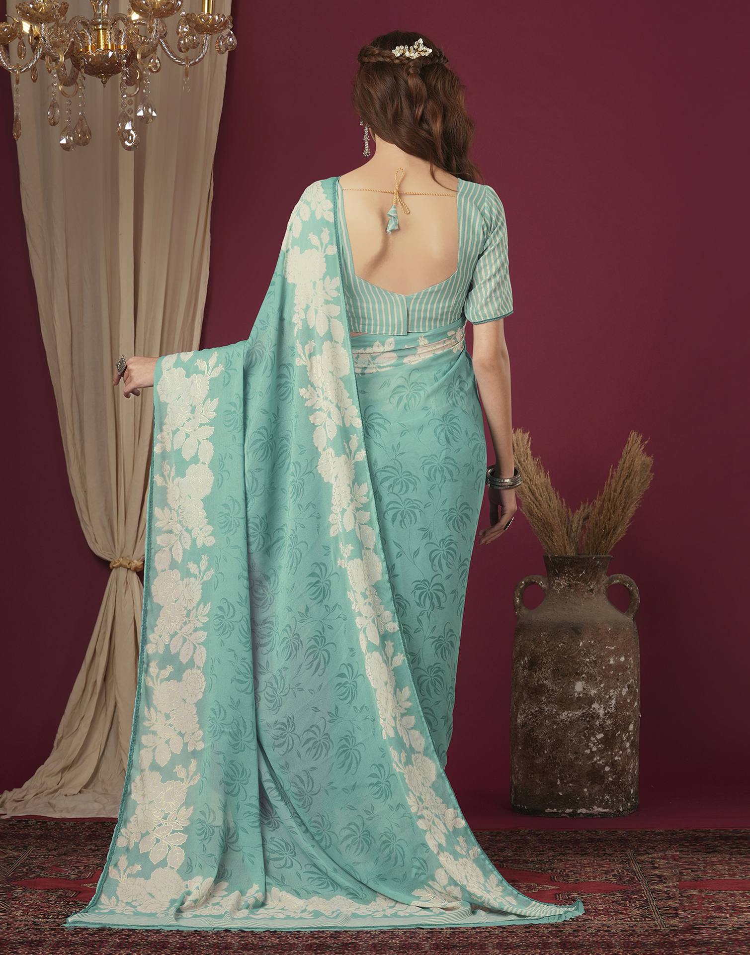 Light Teal Green Georgette Printed Saree