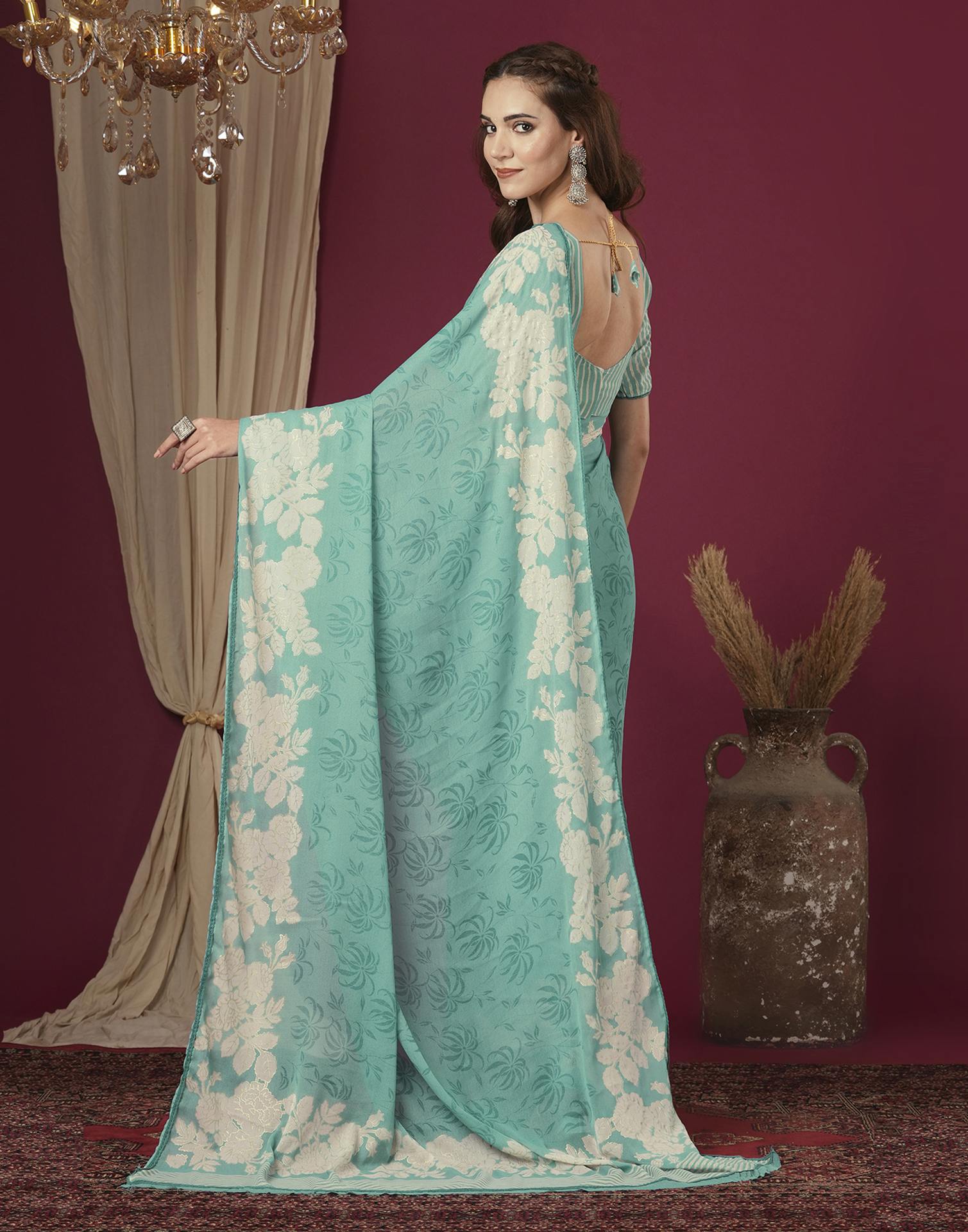 Light Teal Green Georgette Printed Saree